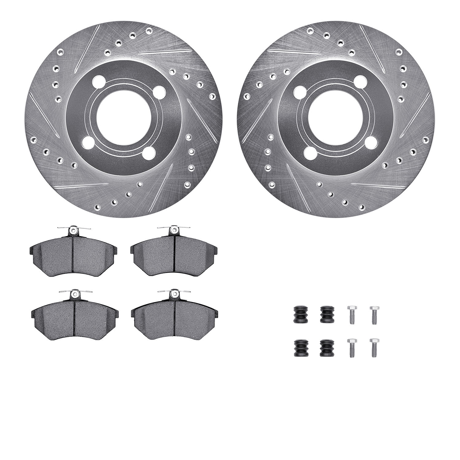 Dynamic Friction Company Front Brake Rotors-Drilled and Slotted-Silver with 5000 Euro Ceramic Brake Pads includes Hardware 7612-73007