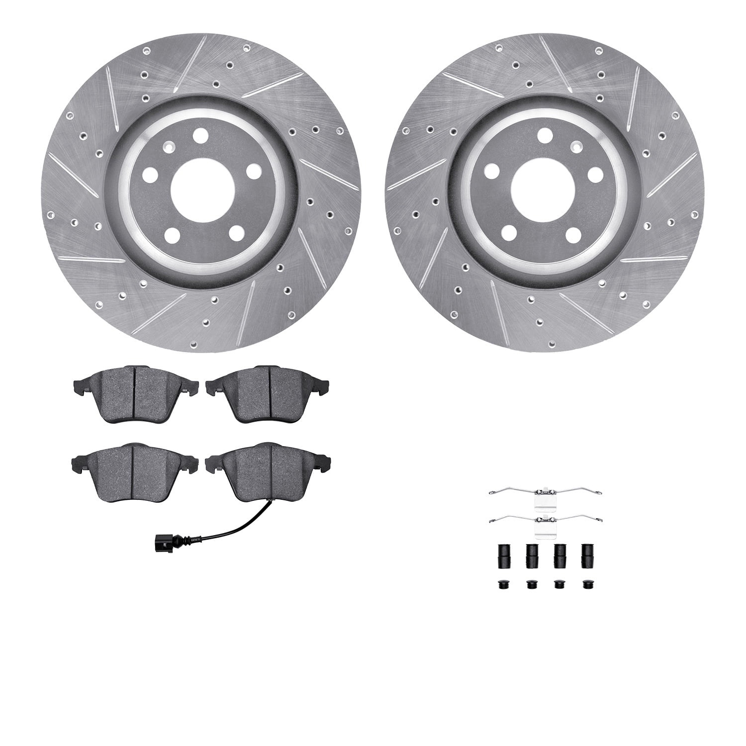 Dynamic Friction Company Front Brake Rotors-Drilled and Slotted-Silver with 5000 Euro Ceramic Brake Pads includes Hardware 7612-73060