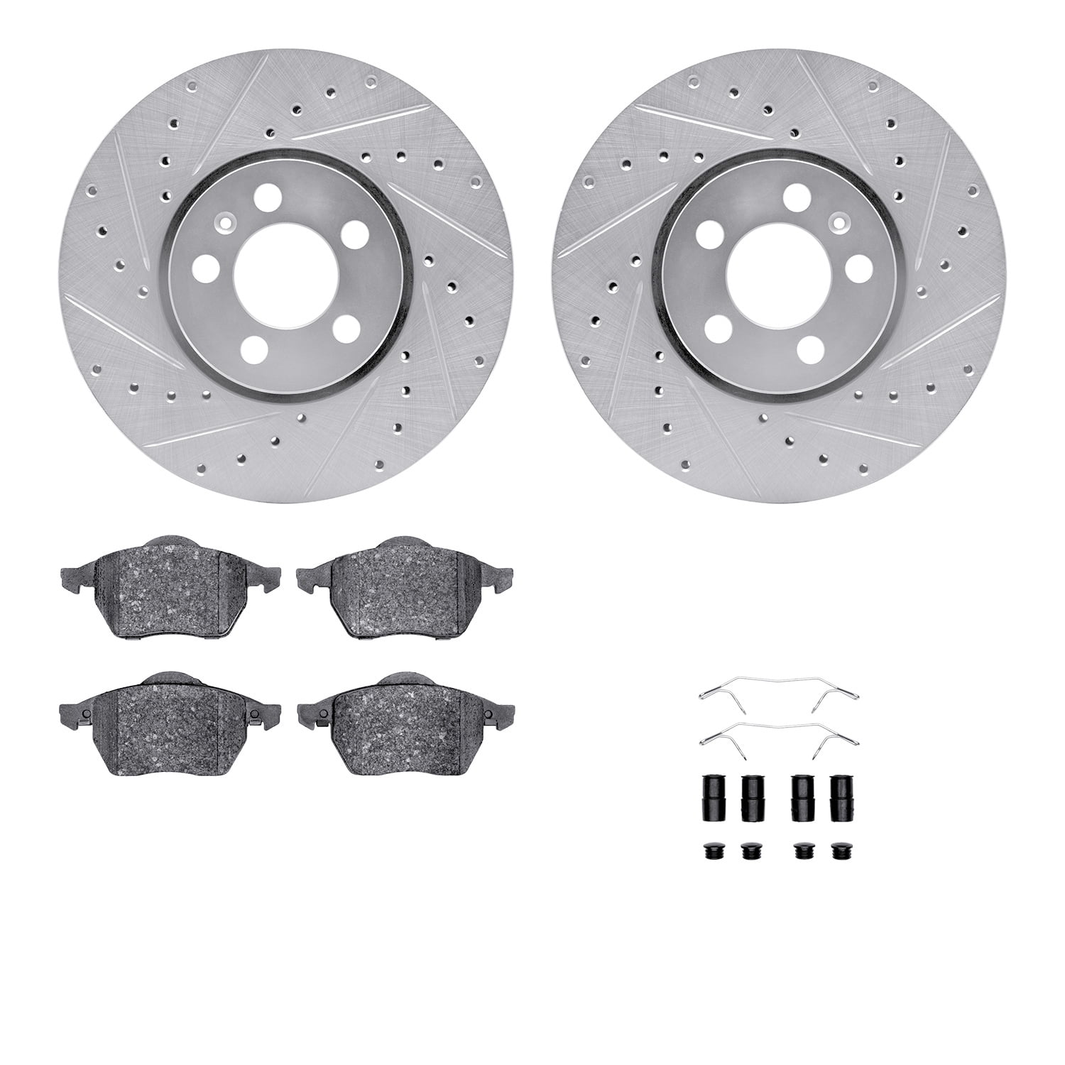 Dynamic Friction Company Front Brake Rotors-Drilled and Slotted-Silver with 5000 Euro Ceramic Brake Pads includes Hardware 7612-74023