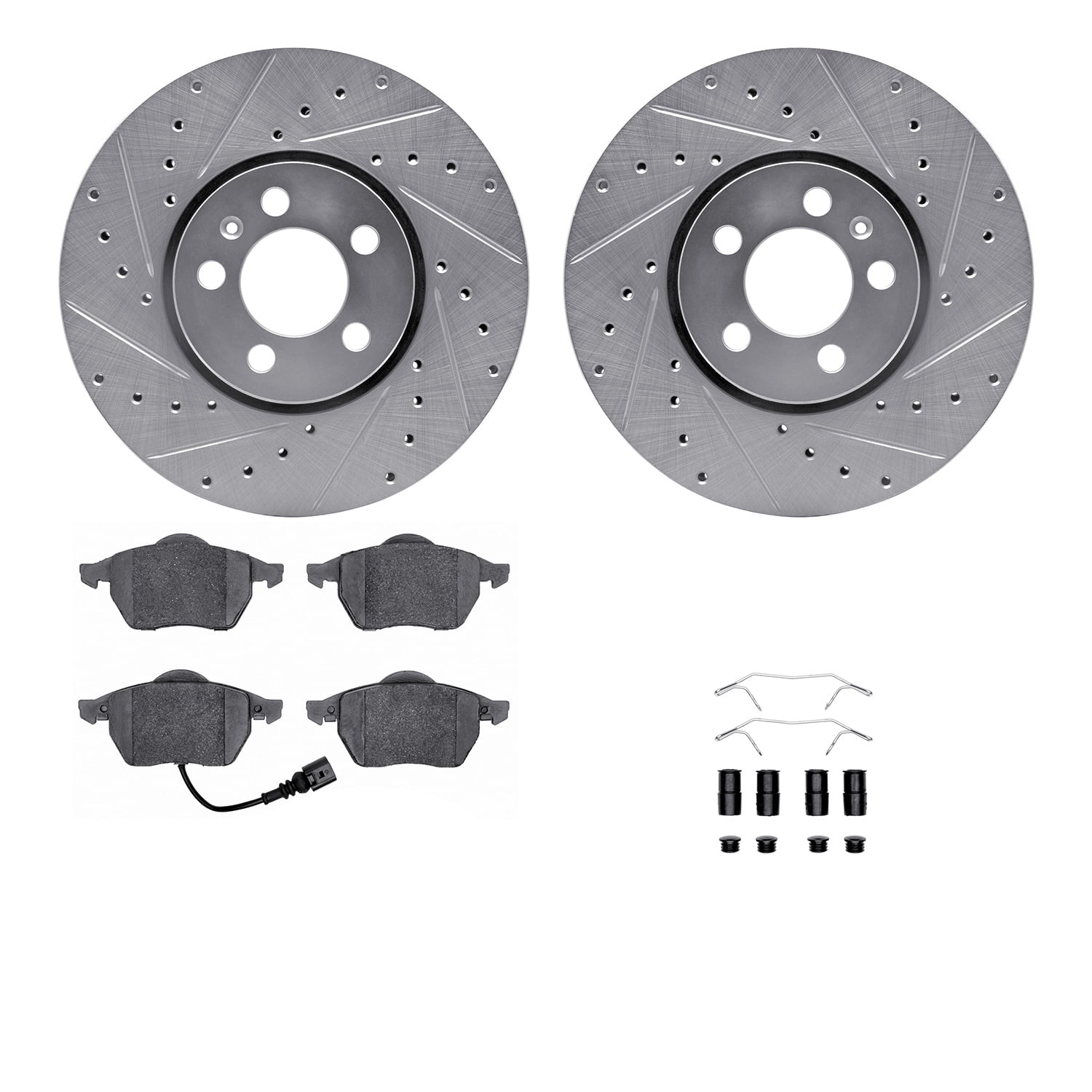 Dynamic Friction Company Front Brake Rotors-Drilled and Slotted-Silver with 5000 Euro Ceramic Brake Pads includes Hardware 7612-74024