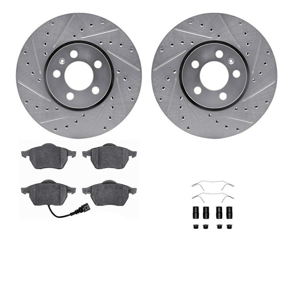 Dynamic Friction Company Front Brake Rotors-Drilled and Slotted-Silver with 5000 Euro Ceramic Brake Pads includes Hardware 7612-74024