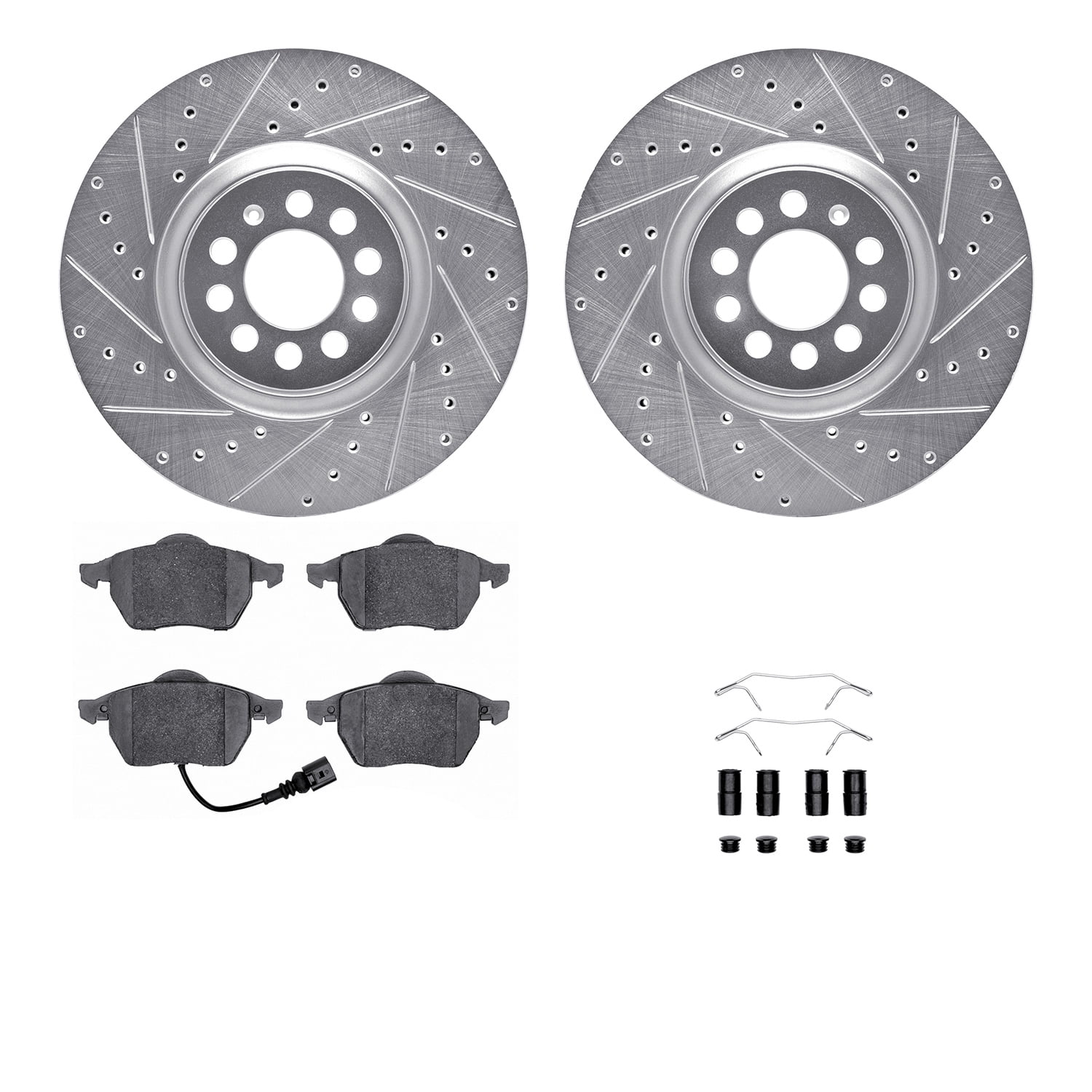 Dynamic Friction Company Front Brake Rotors-Drilled and Slotted-Silver with 5000 Euro Ceramic Brake Pads includes Hardware 7612-74026
