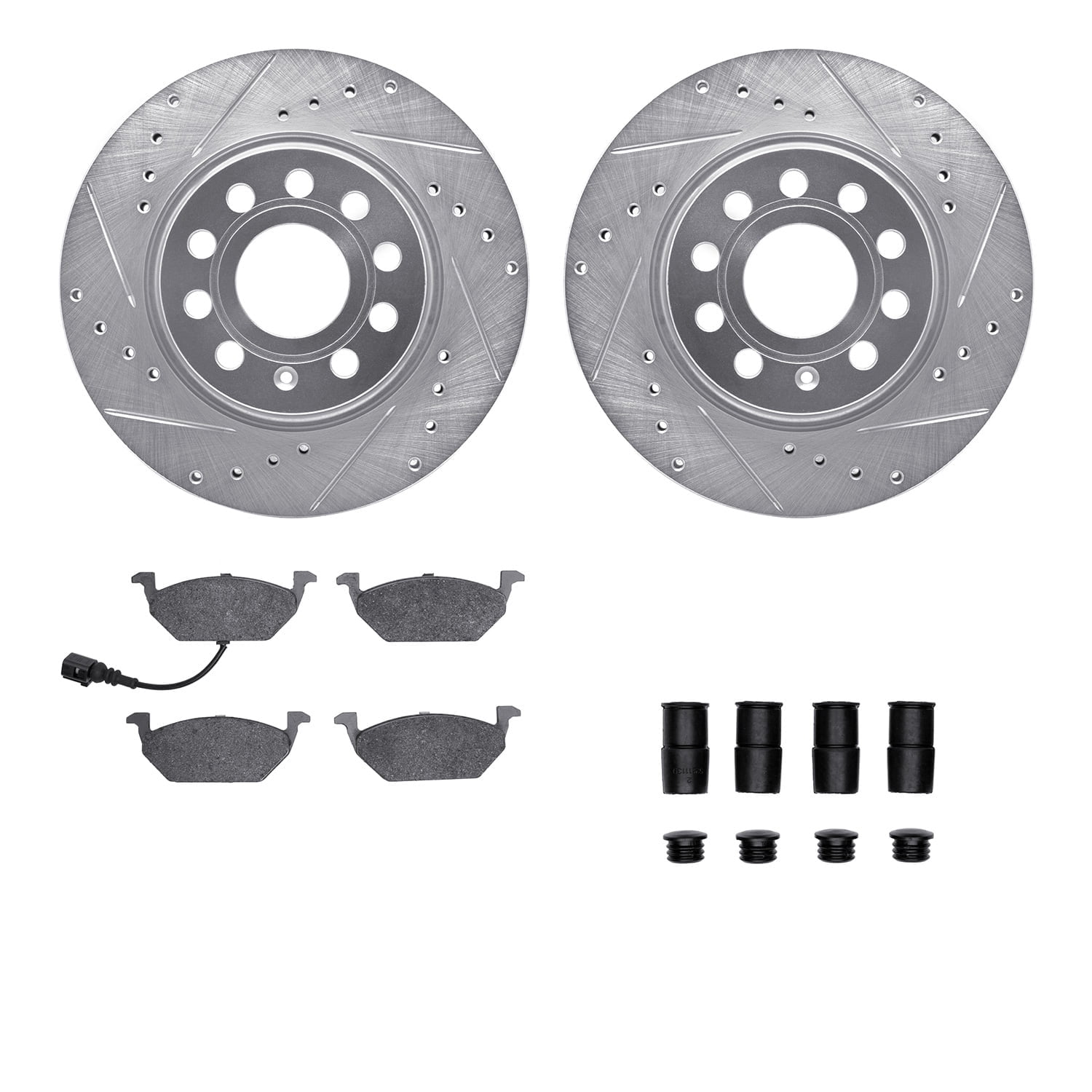 Dynamic Friction Company Front Brake Rotors-Drilled and Slotted-Silver with 5000 Euro Ceramic Brake Pads includes Hardware 7612-74043