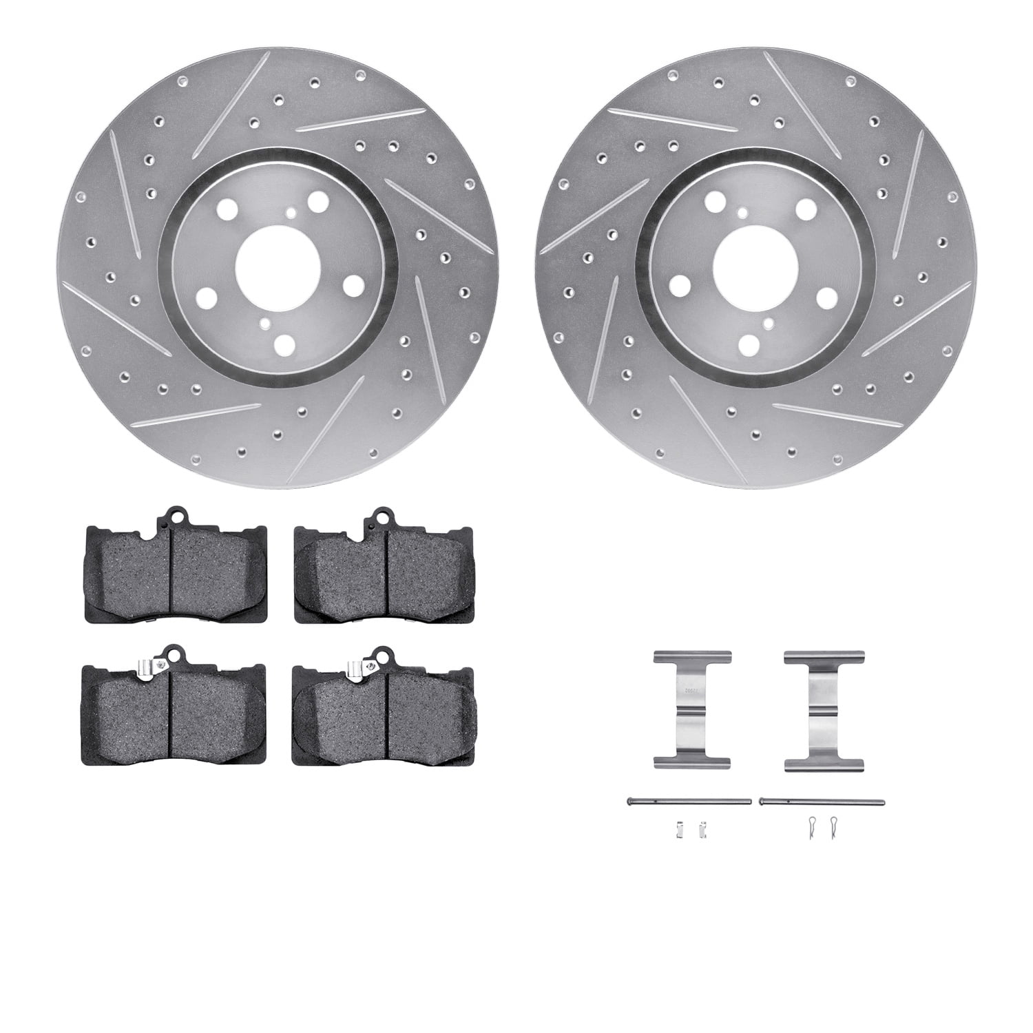 Dynamic Friction Company Front Brake Rotors-Drilled and Slotted-Silver with 5000 Euro Ceramic Brake Pads includes Hardware 7612-75000