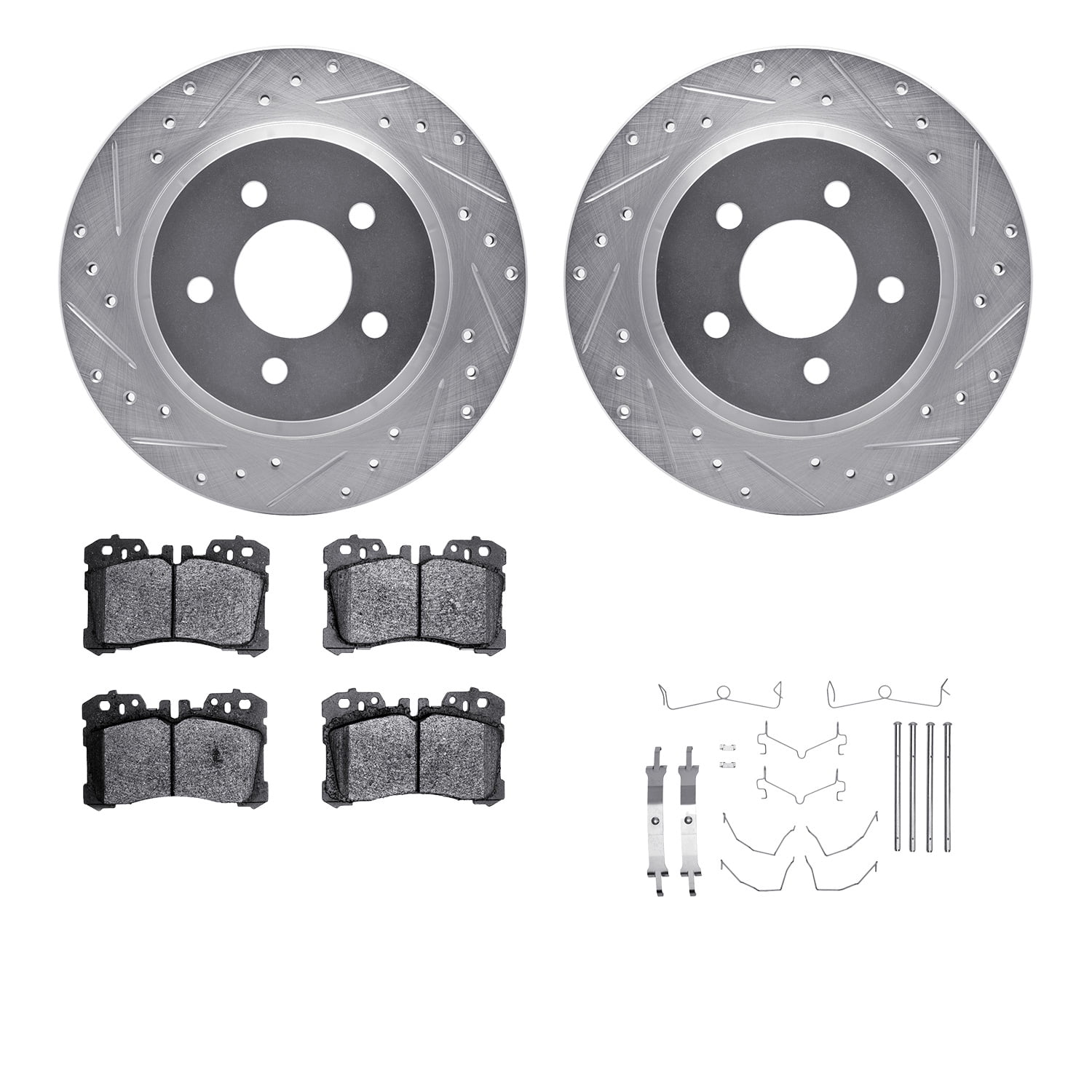 Dynamic Friction Company Front Brake Rotors-Drilled and Slotted-Silver with 5000 Euro Ceramic Brake Pads includes Hardware 7612-75001