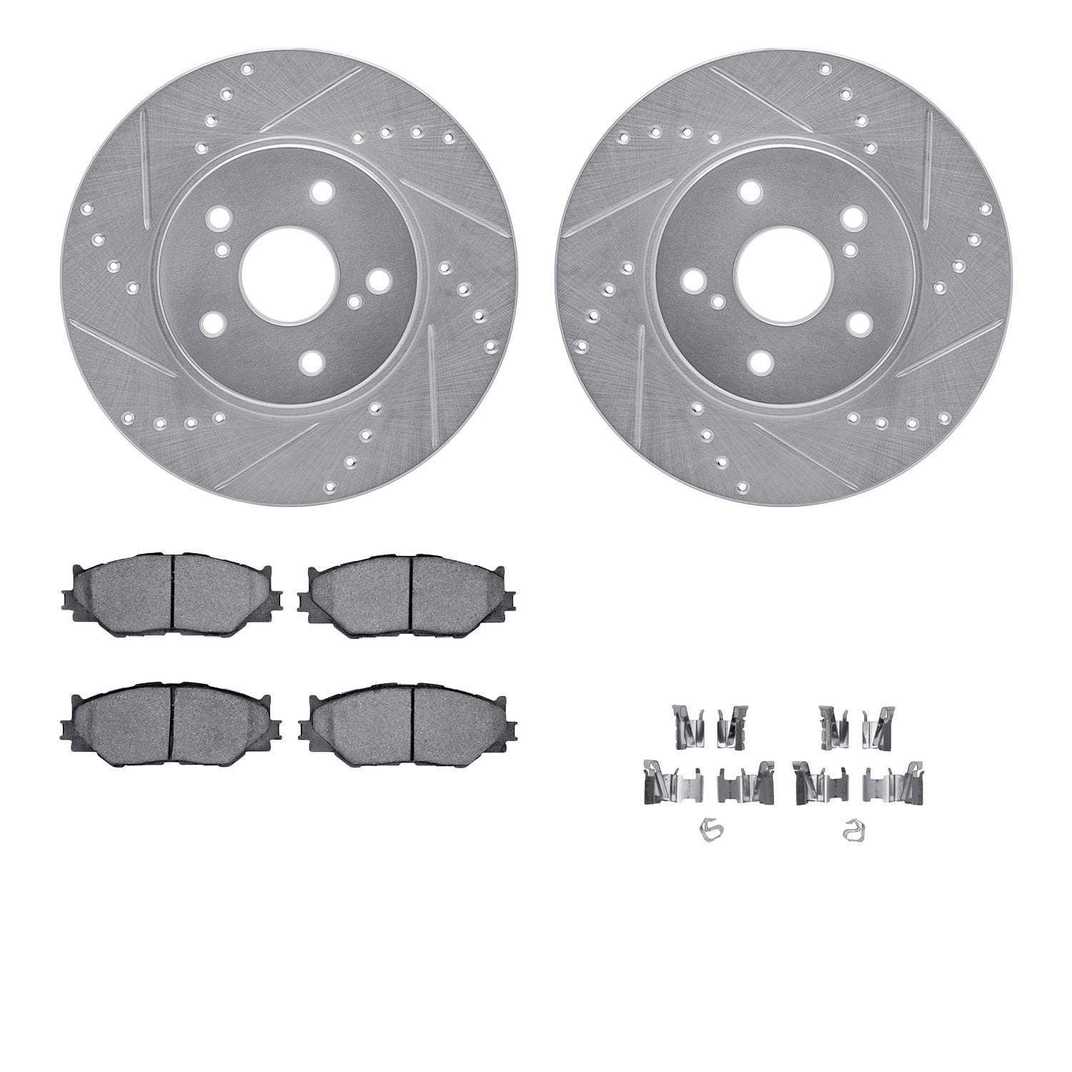 Dynamic Friction Company Front Brake Rotors-Drilled and Slotted-Silver with 5000 Euro Ceramic Brake Pads includes Hardware 7612-76001