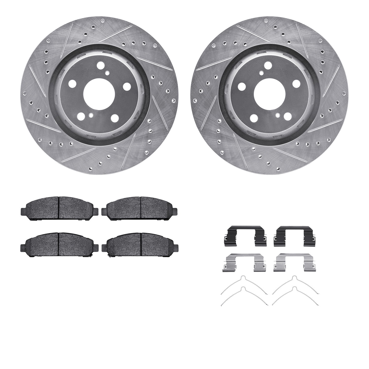 Dynamic Friction Company Front Brake Rotors-Drilled and Slotted-Silver with 5000 Euro Ceramic Brake Pads includes Hardware 7612-76002