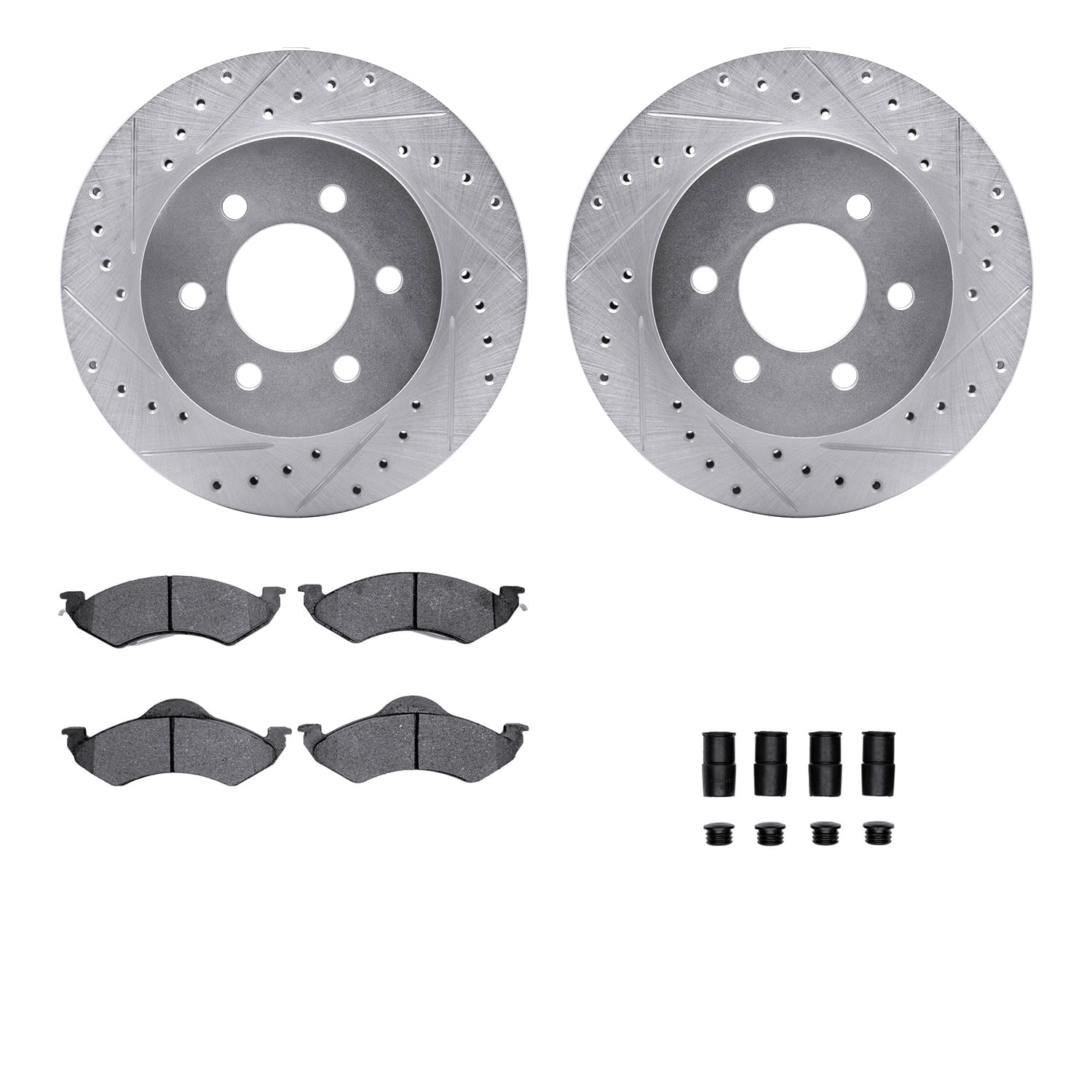 Dynamic Friction Company Front Brake Rotors-Drilled and Slotted-Silver with Heavy Duty Brake Pads includes Hardware 7212-40150