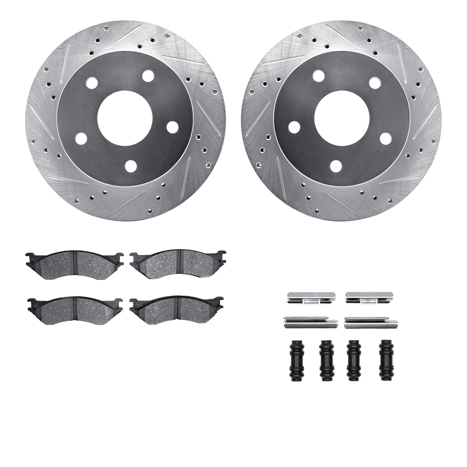 Dynamic Friction Company Front Brake Rotors-Drilled and Slotted-Silver with Heavy Duty Brake Pads includes Hardware 7212-40160