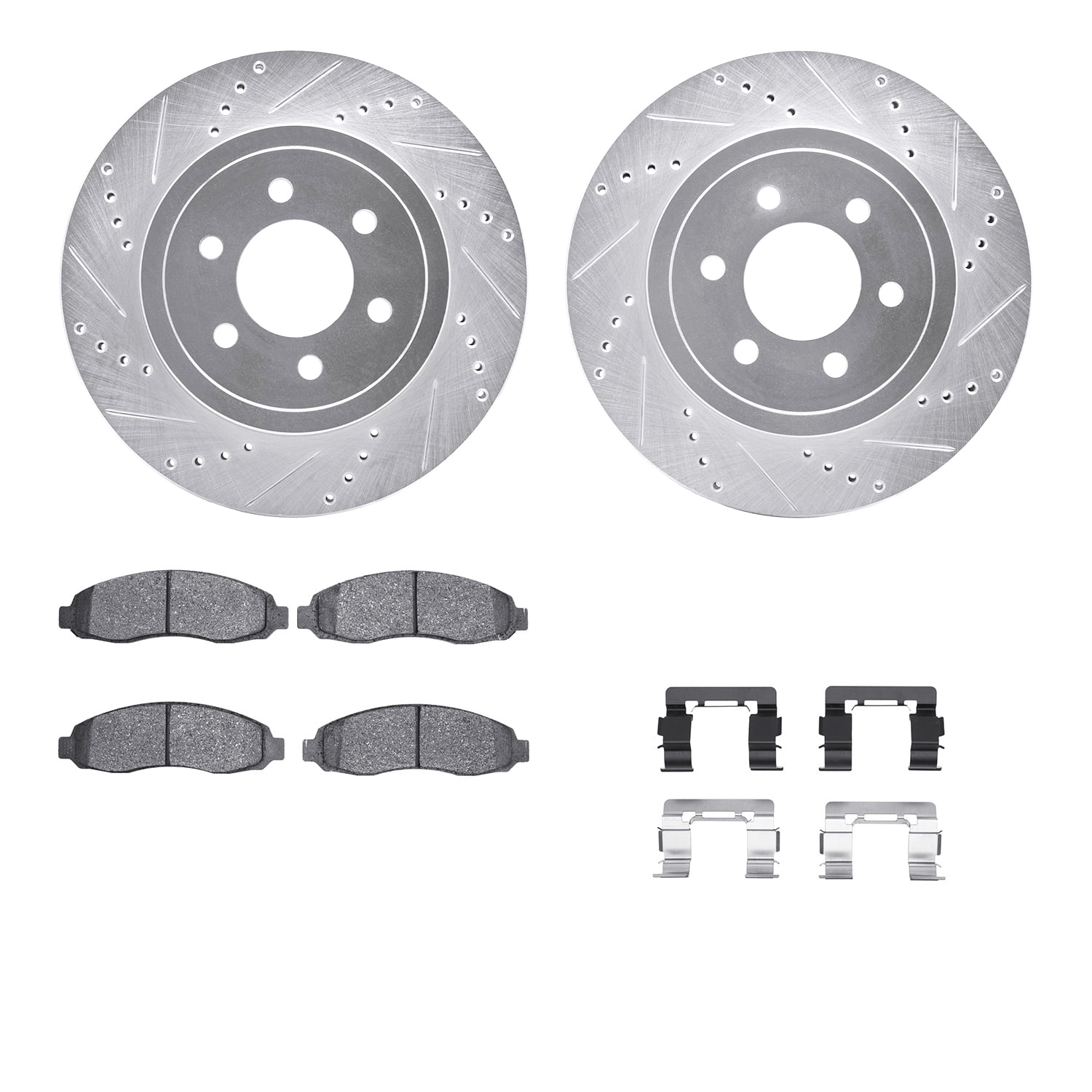 Dynamic Friction Company Front Brake Rotors-Drilled and Slotted-Silver with Heavy Duty Brake Pads includes Hardware 7212-40167
