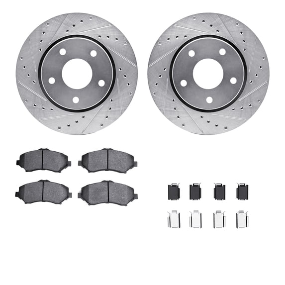 Dynamic Friction Company Front Brake Rotors-Drilled and Slotted-Silver with Heavy Duty Brake Pads includes Hardware 7212-40177