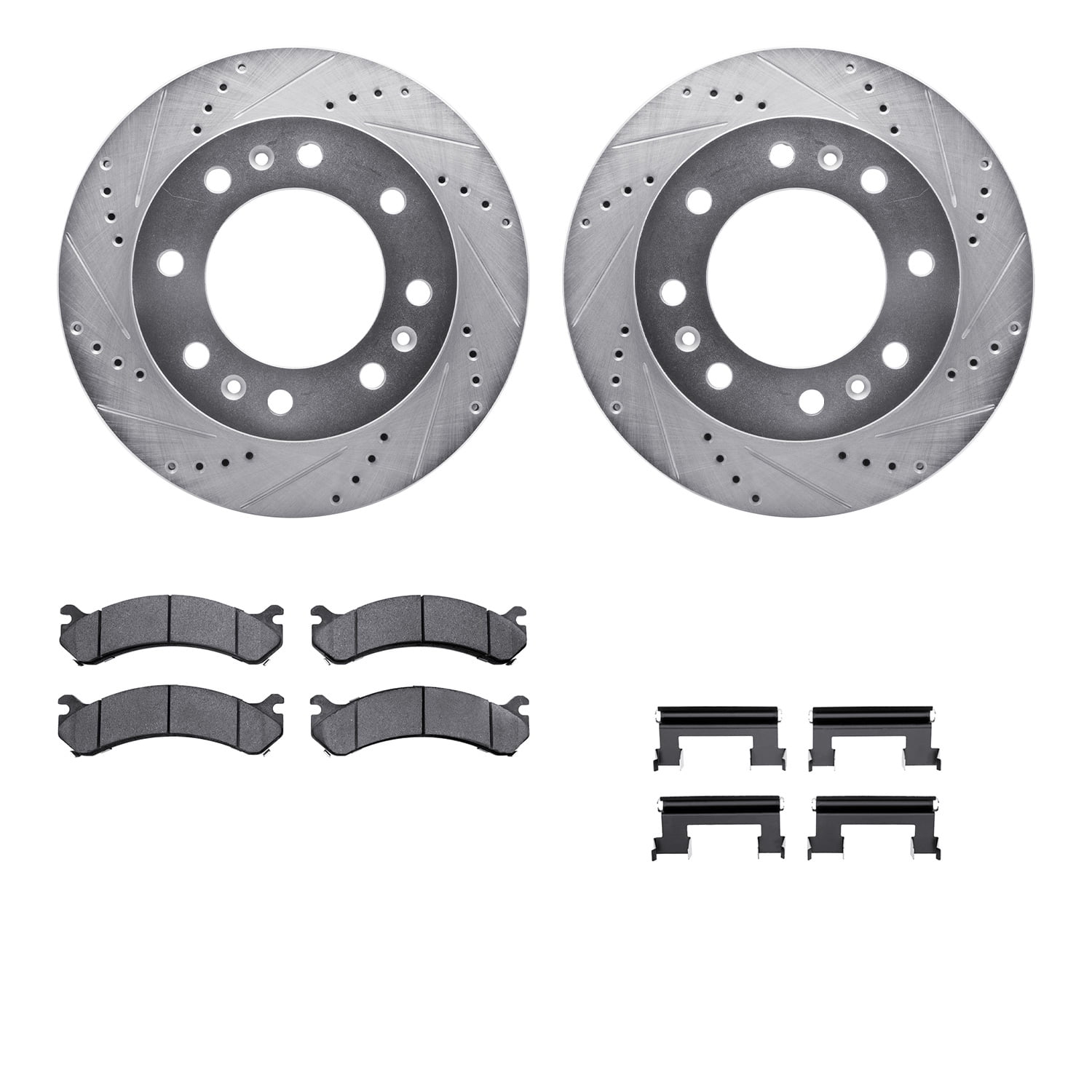 Dynamic Friction Company Front Brake Rotors-Drilled and Slotted-Silver with Heavy Duty Brake Pads includes Hardware 7212-46049