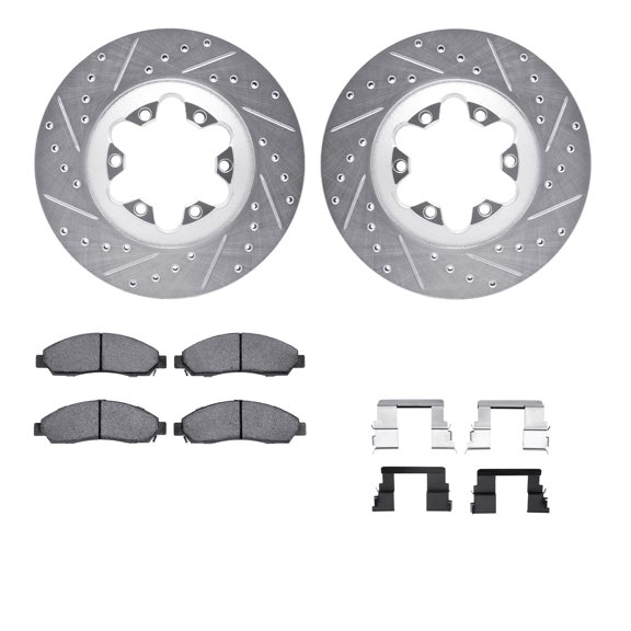 Dynamic Friction Company Front Brake Rotors-Drilled and Slotted-Silver with Heavy Duty Brake Pads includes Hardware 7212-48025