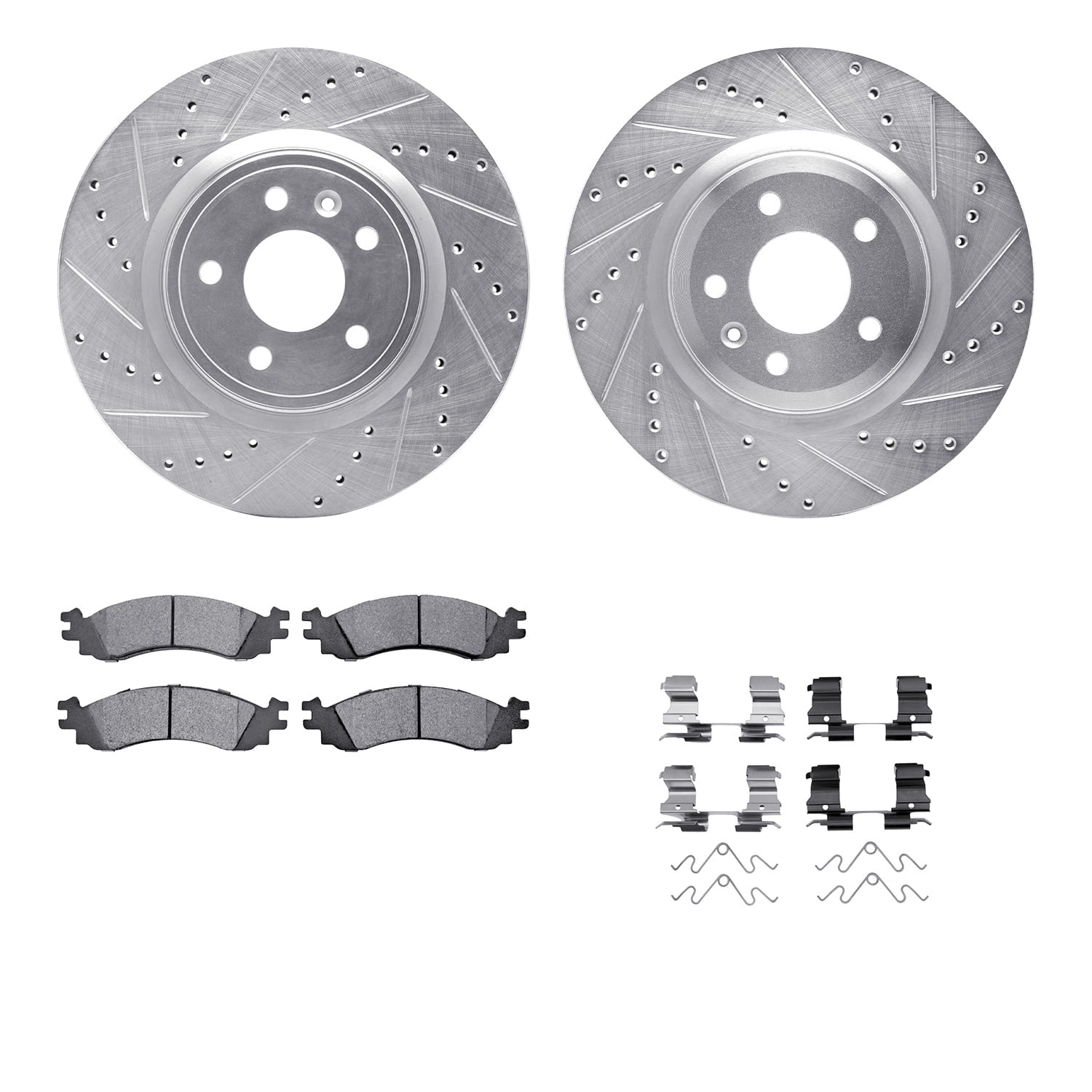 Dynamic Friction Company Front Brake Rotors-Drilled and Slotted-Silver with Heavy Duty Brake Pads includes Hardware 7212-54004