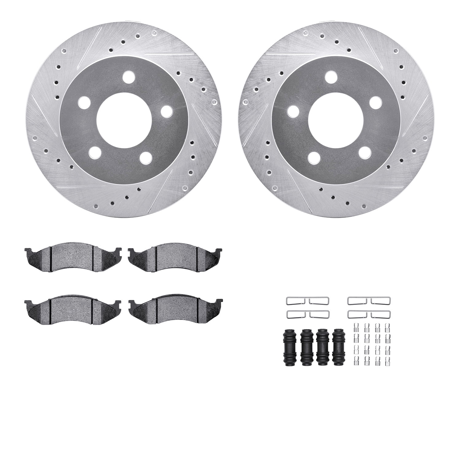 Dynamic Friction Company Front Brake Rotors-Drilled and Slotted-Silver with Heavy Duty Brake Pads includes Hardware 7212-56016