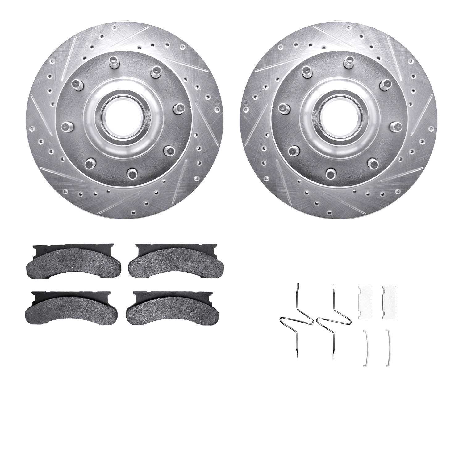 Dynamic Friction Company Front Brake Rotors-Drilled and Slotted-Silver with Heavy Duty Brake Pads includes Hardware 7212-99089