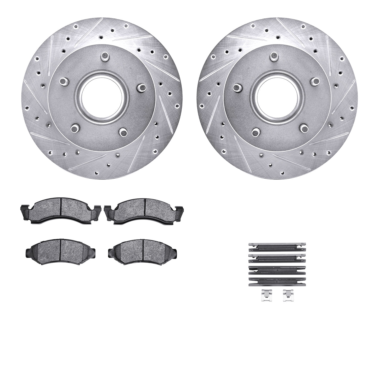 Dynamic Friction Company Front Brake Rotors-Drilled and Slotted-Silver with Heavy Duty Brake Pads includes Hardware 7212-99097
