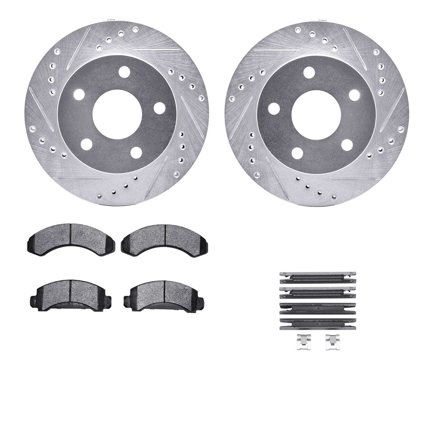 Dynamic Friction Company Front Brake Rotors-Drilled and Slotted-Silver with Heavy Duty Brake Pads includes Hardware 7212-99103