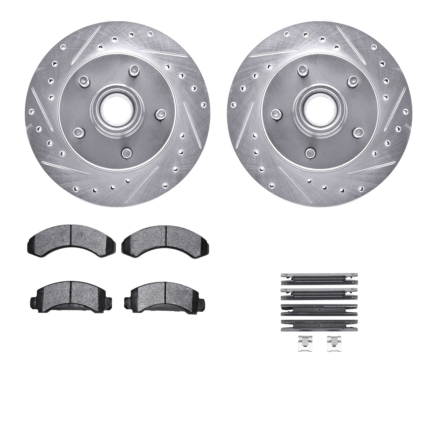 Dynamic Friction Company Front Brake Rotors-Drilled and Slotted-Silver with Heavy Duty Brake Pads includes Hardware 7212-99104