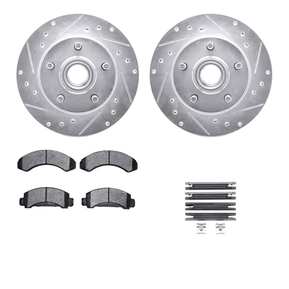 Dynamic Friction Company Front Brake Rotors-Drilled and Slotted-Silver with Heavy Duty Brake Pads includes Hardware 7212-99107
