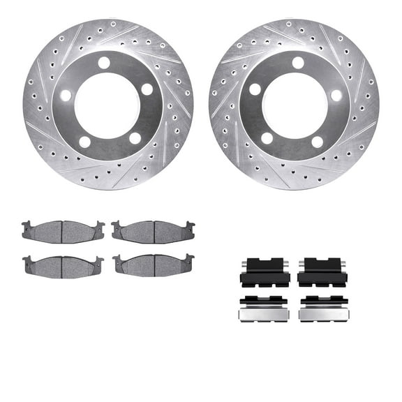 Dynamic Friction Company Front Brake Rotors-Drilled and Slotted-Silver with Heavy Duty Brake Pads includes Hardware 7212-99112