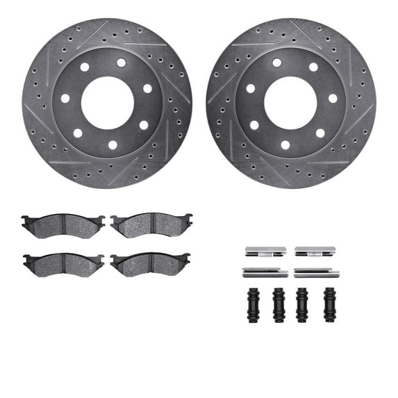 Dynamic Friction Company Front Brake Rotors-Drilled and Slotted-Silver with Heavy Duty Brake Pads includes Hardware 7212-99138