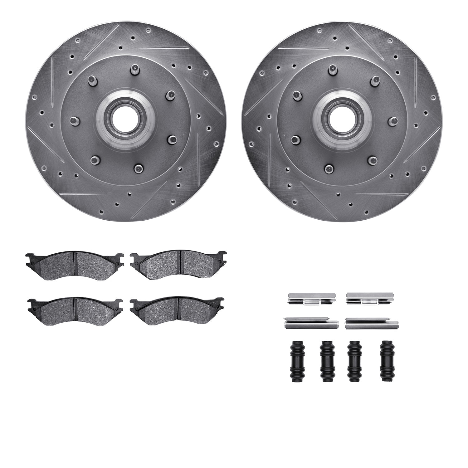 Dynamic Friction Company Front Brake Rotors-Drilled and Slotted-Silver with Heavy Duty Brake Pads includes Hardware 7212-99141