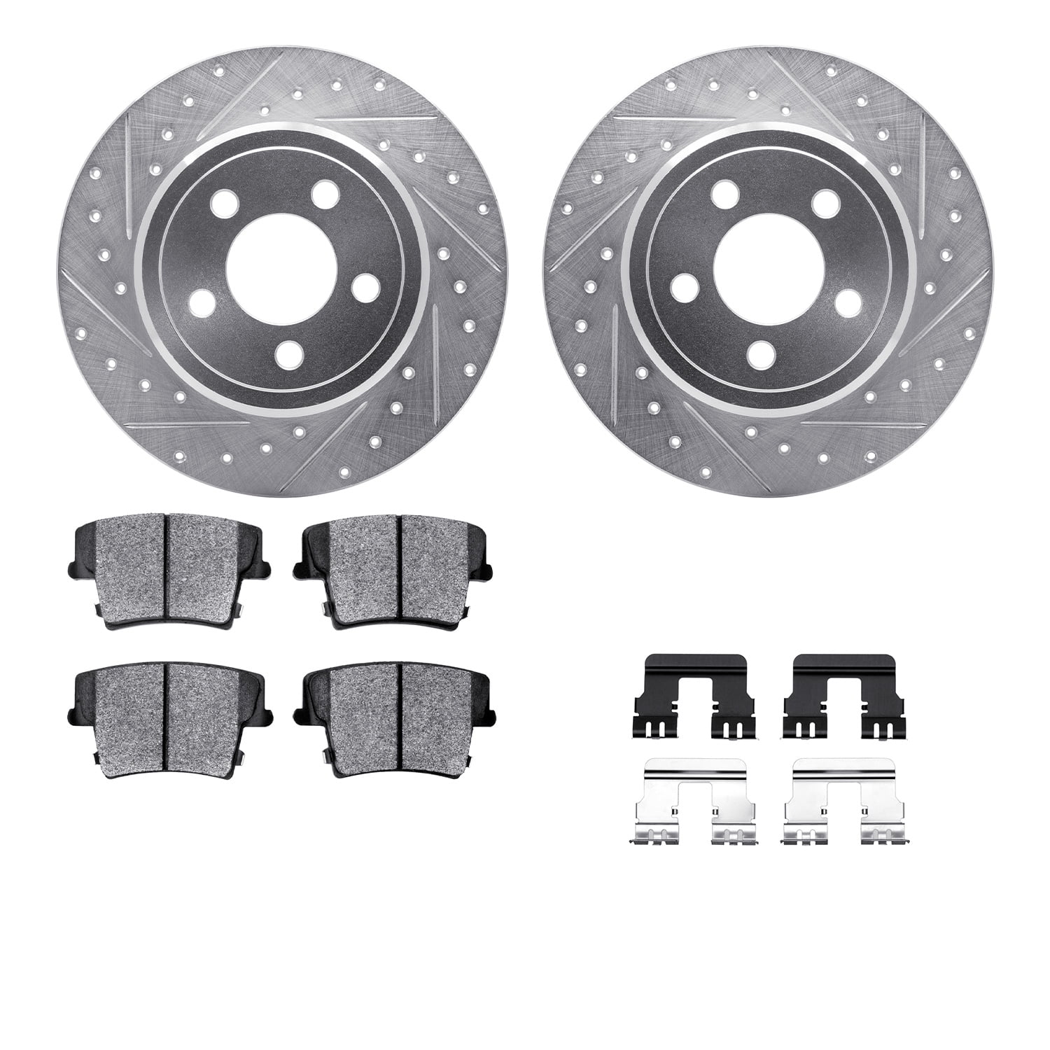 Dynamic Friction Company Front Brake Rotors Drilled and Slotted Silver with Heavy Duty Brake Pads includes Hardware - 7212-99142