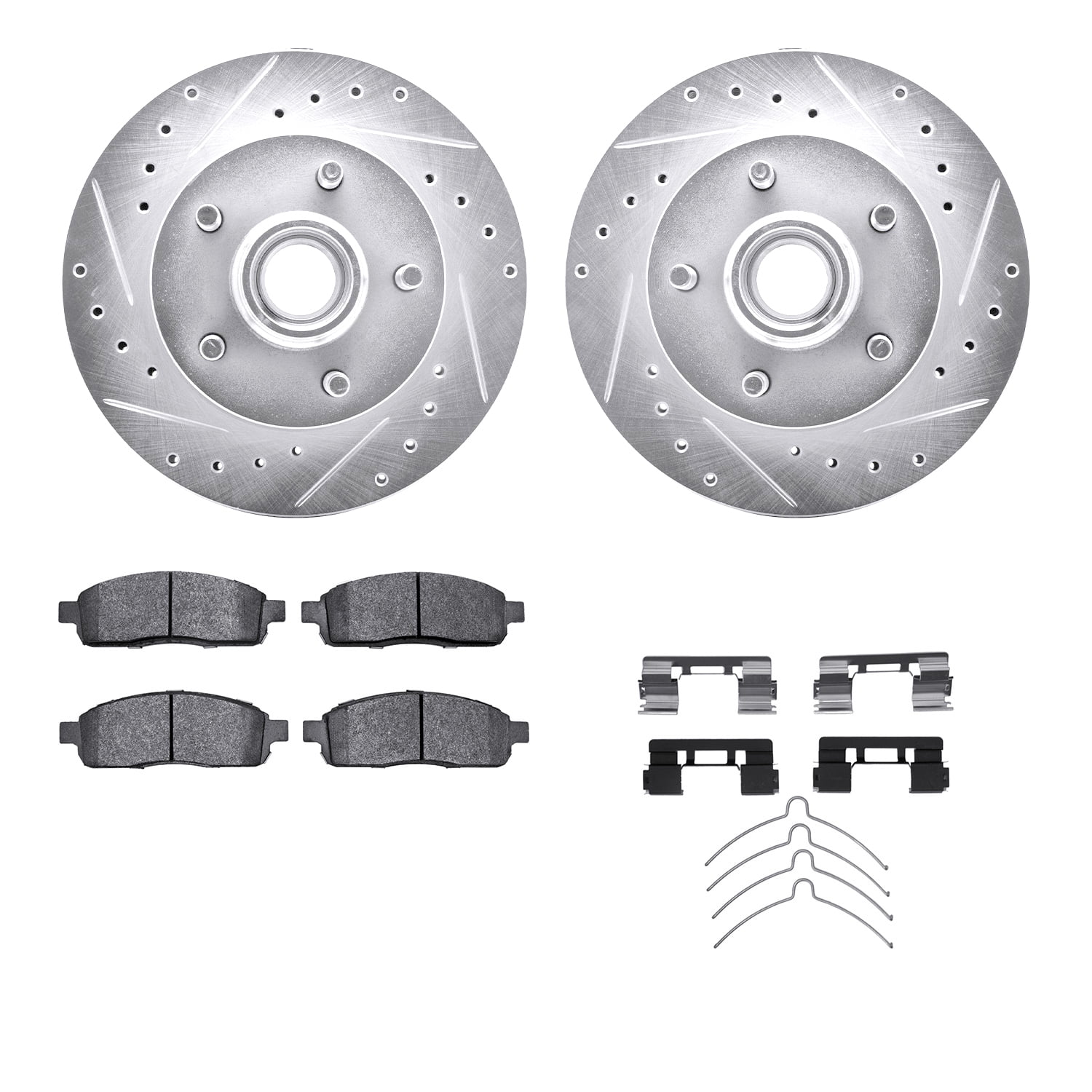 Dynamic Friction Company Front Brake Rotors-Drilled and Slotted-Silver with Heavy Duty Brake Pads includes Hardware 7212-99183
