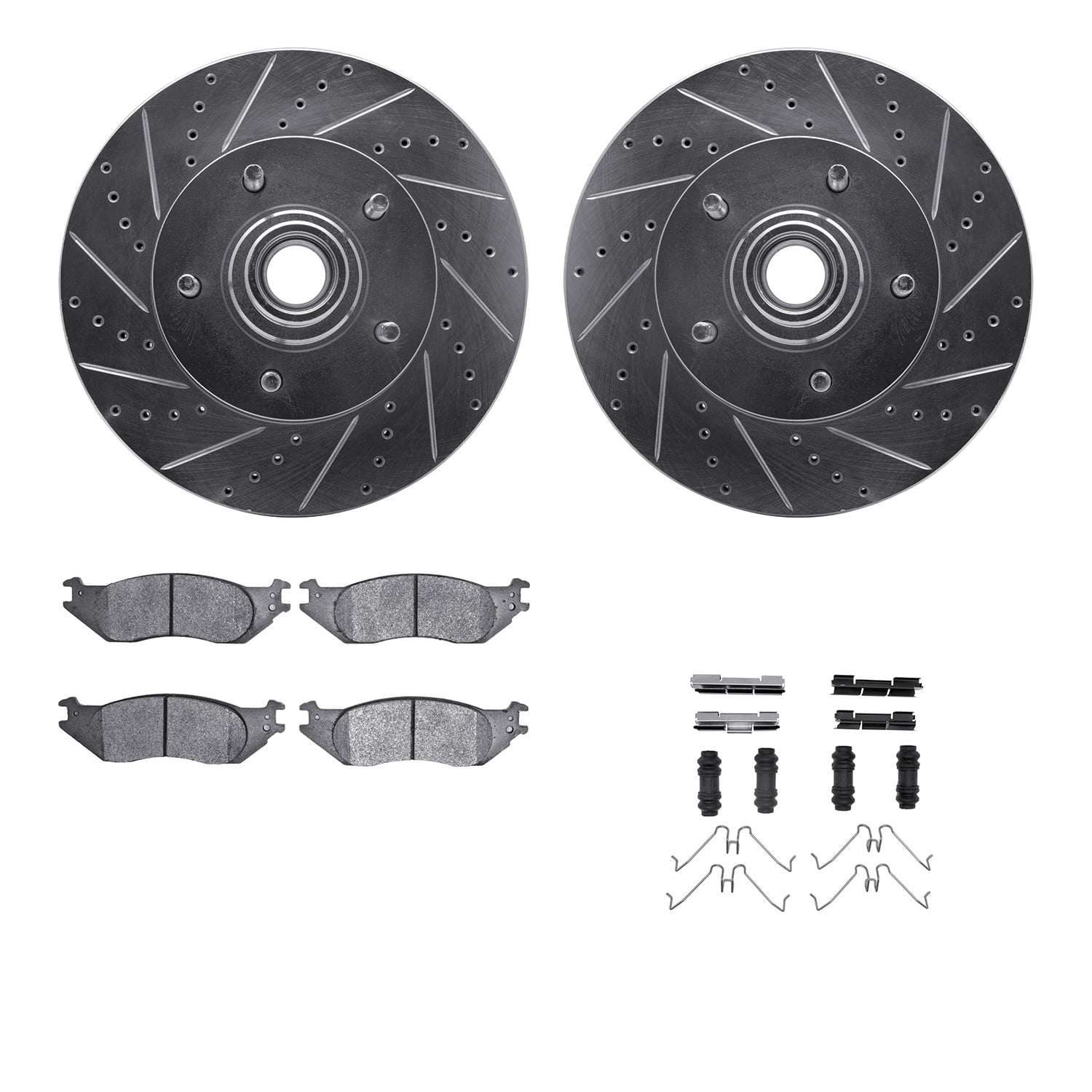 Dynamic Friction Company Front Brake Rotors-Drilled and Slotted-Silver with Heavy Duty Brake Pads includes Hardware 7212-99191