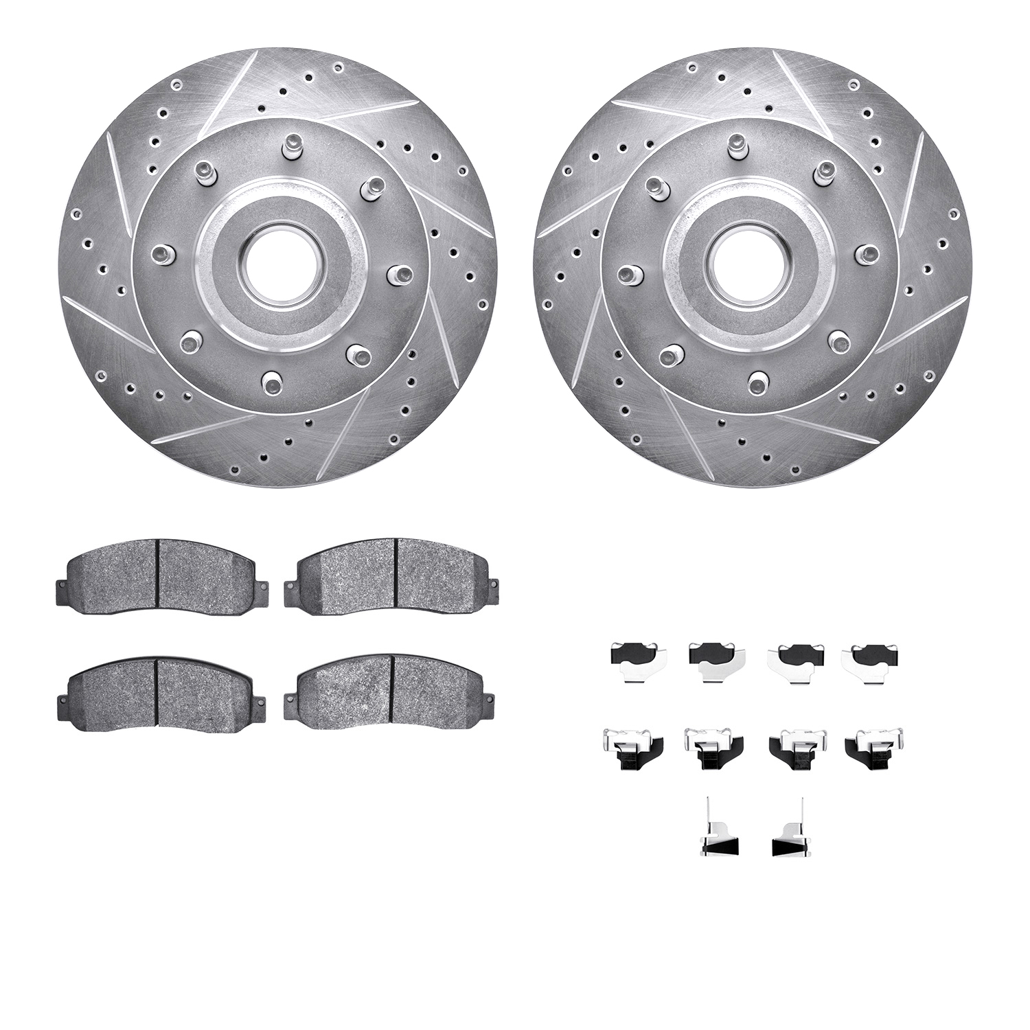 Dynamic Friction Company Front Brake Rotors-Drilled and Slotted-Silver with Heavy Duty Brake Pads includes Hardware 7212-99207