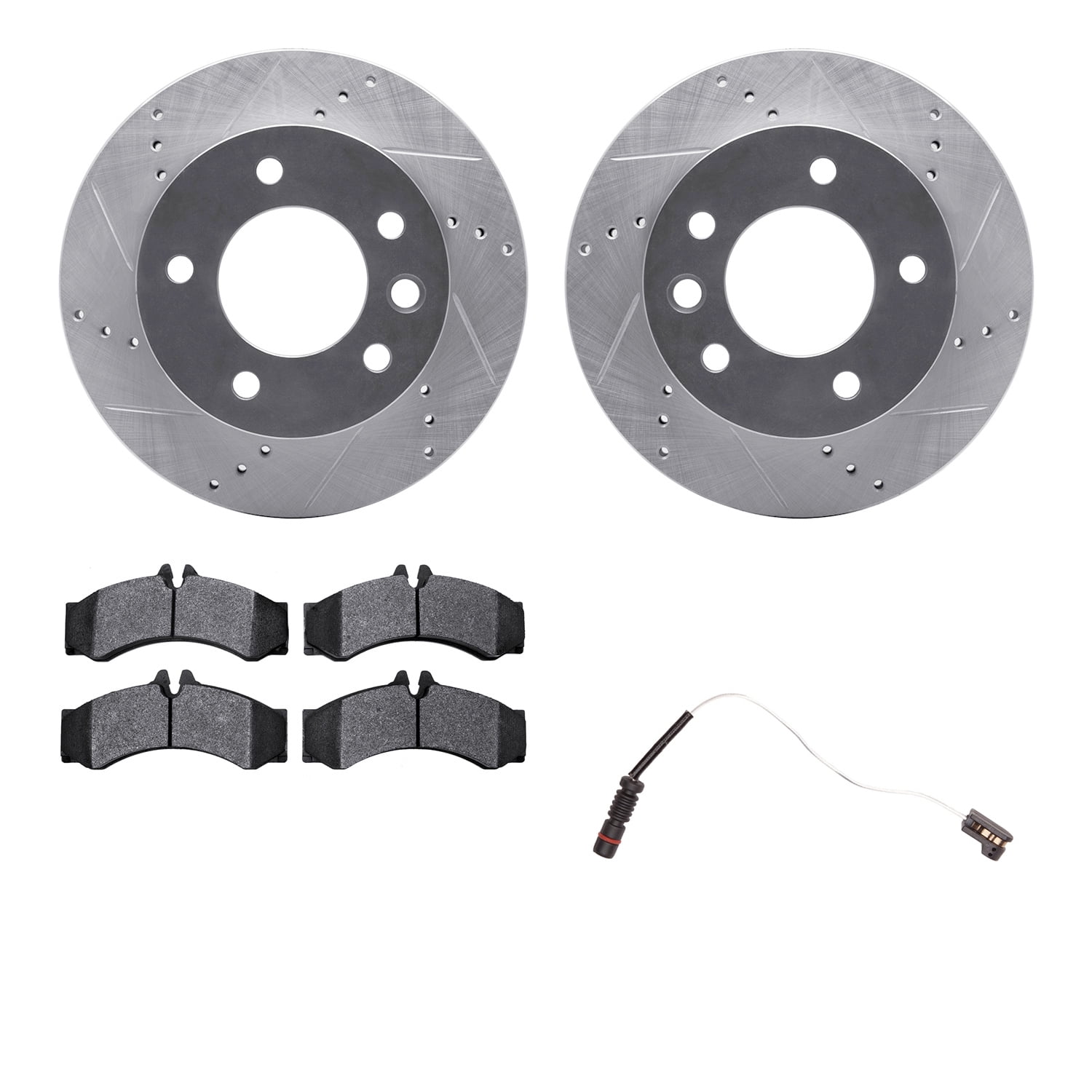 Dynamic Friction Company Front Brake Rotors-Drilled and Slotted-Silver with Heavy Duty Brake Pads includes Sensor 7232-40004