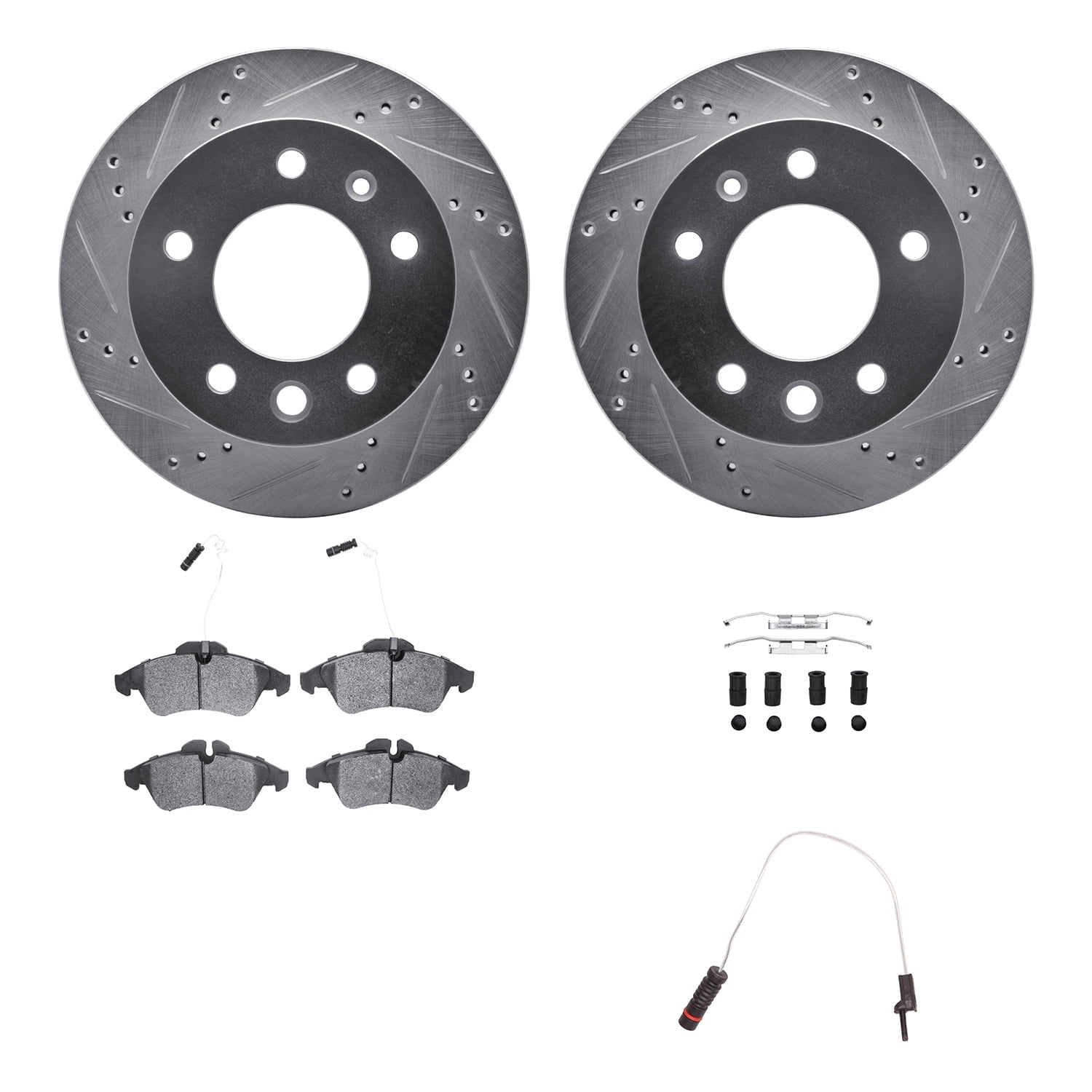 Dynamic Friction Company Front Brake Rotors-Drilled and Slotted-Silver with Heavy Duty Brake Pads includes Sensor and Hardware 7222-40003