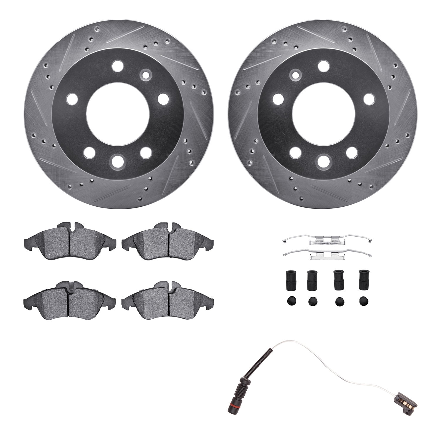 Dynamic Friction Company Front Brake Rotors-Drilled and Slotted-Silver with Heavy Duty Brake Pads includes Sensor and Hardware 7222-40006