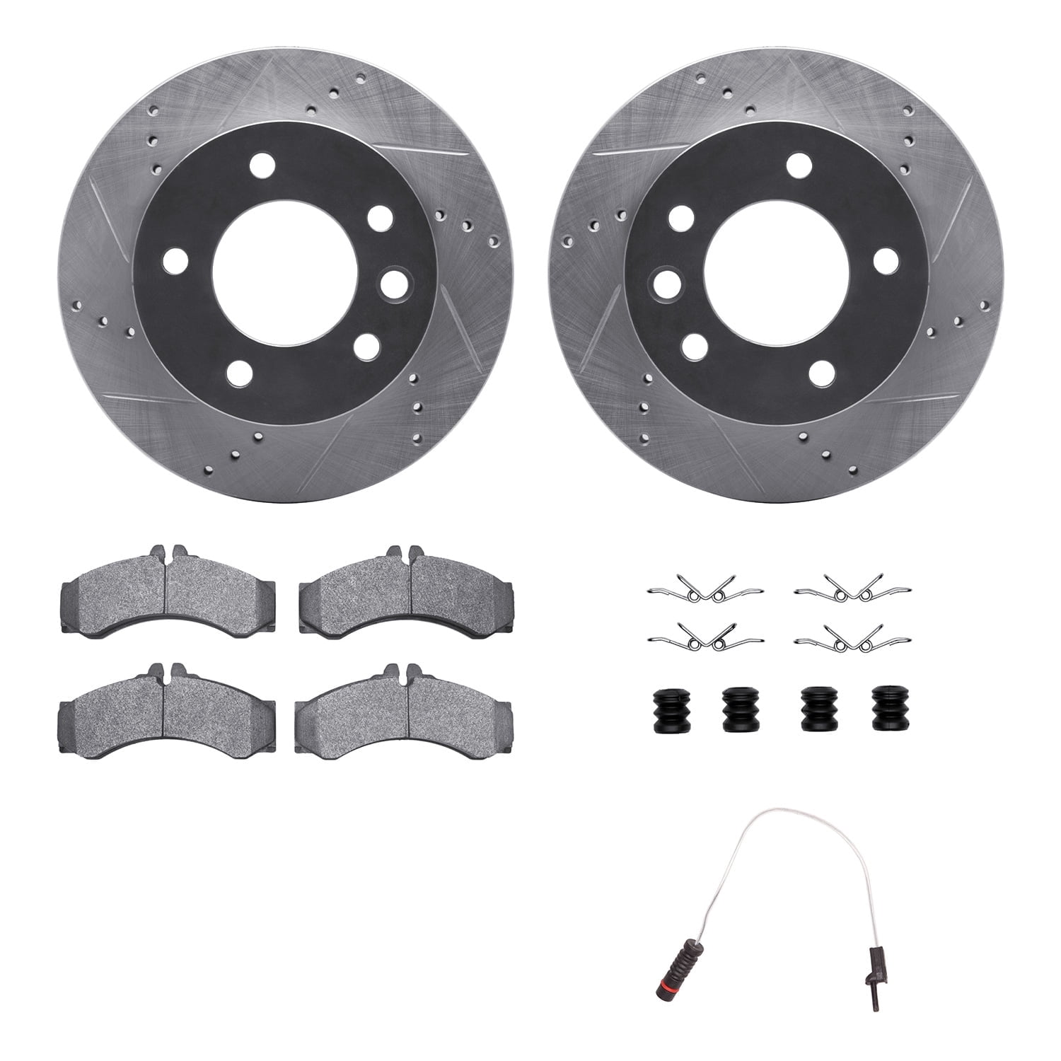 Dynamic Friction Company Front Brake Rotors-Drilled and Slotted-Silver with Heavy Duty Brake Pads includes Sensor and Hardware 7222-40009
