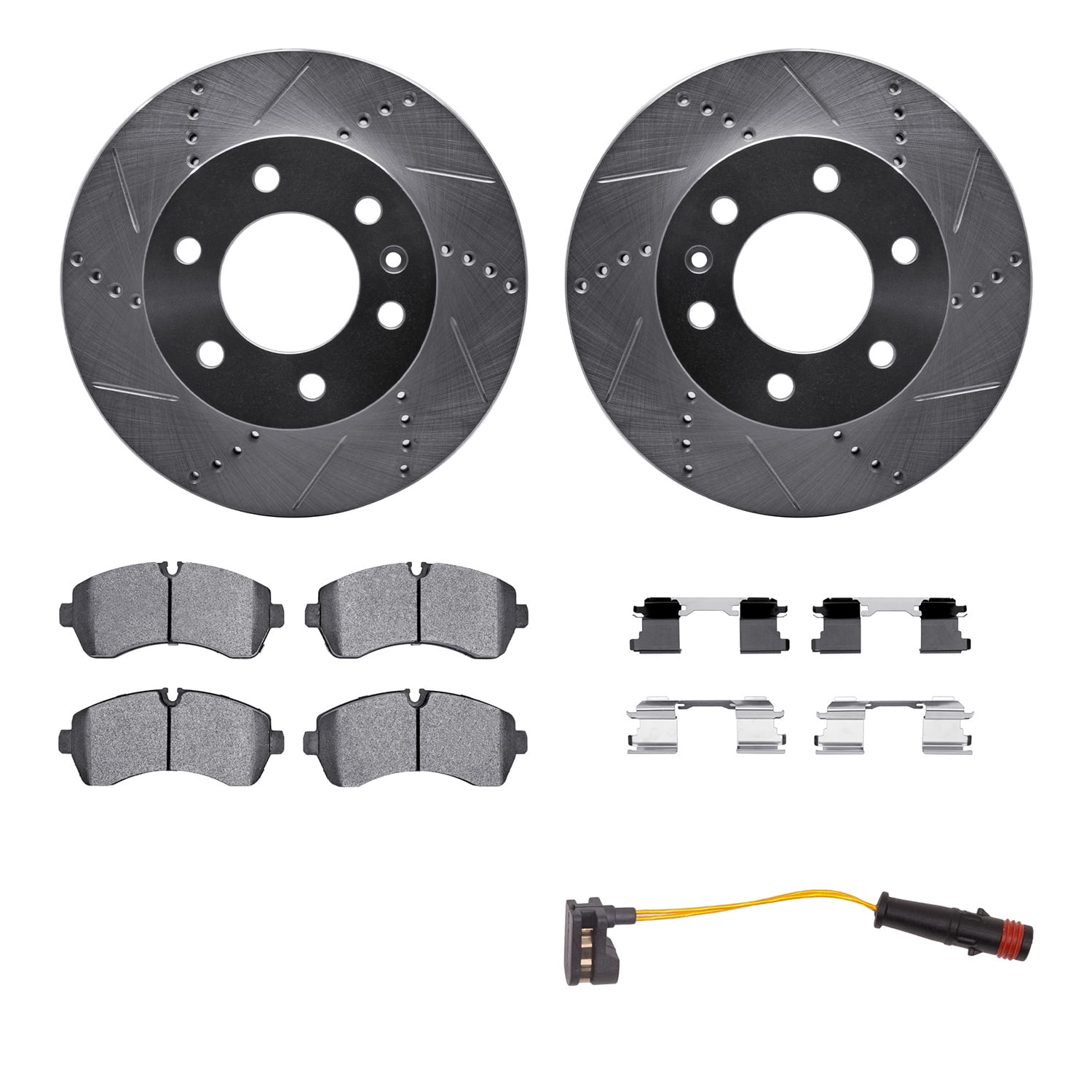 Dynamic Friction Company Front Brake Rotors-Drilled and Slotted-Silver with Heavy Duty Brake Pads includes Sensor and Hardware 7222-40011