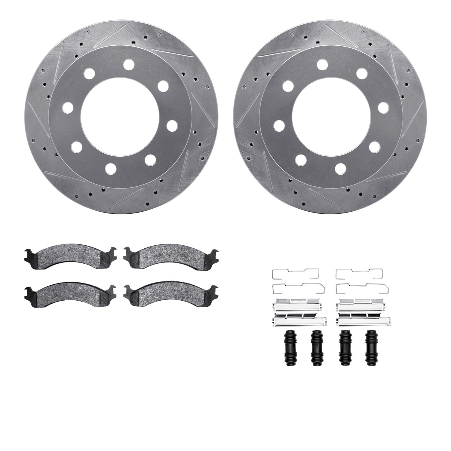 Dynamic Friction Company Front Brake Rotors-Drilled and Slotted-Silver with Ultimate Duty Performance Brake Pads includes Hardware 7412-40006