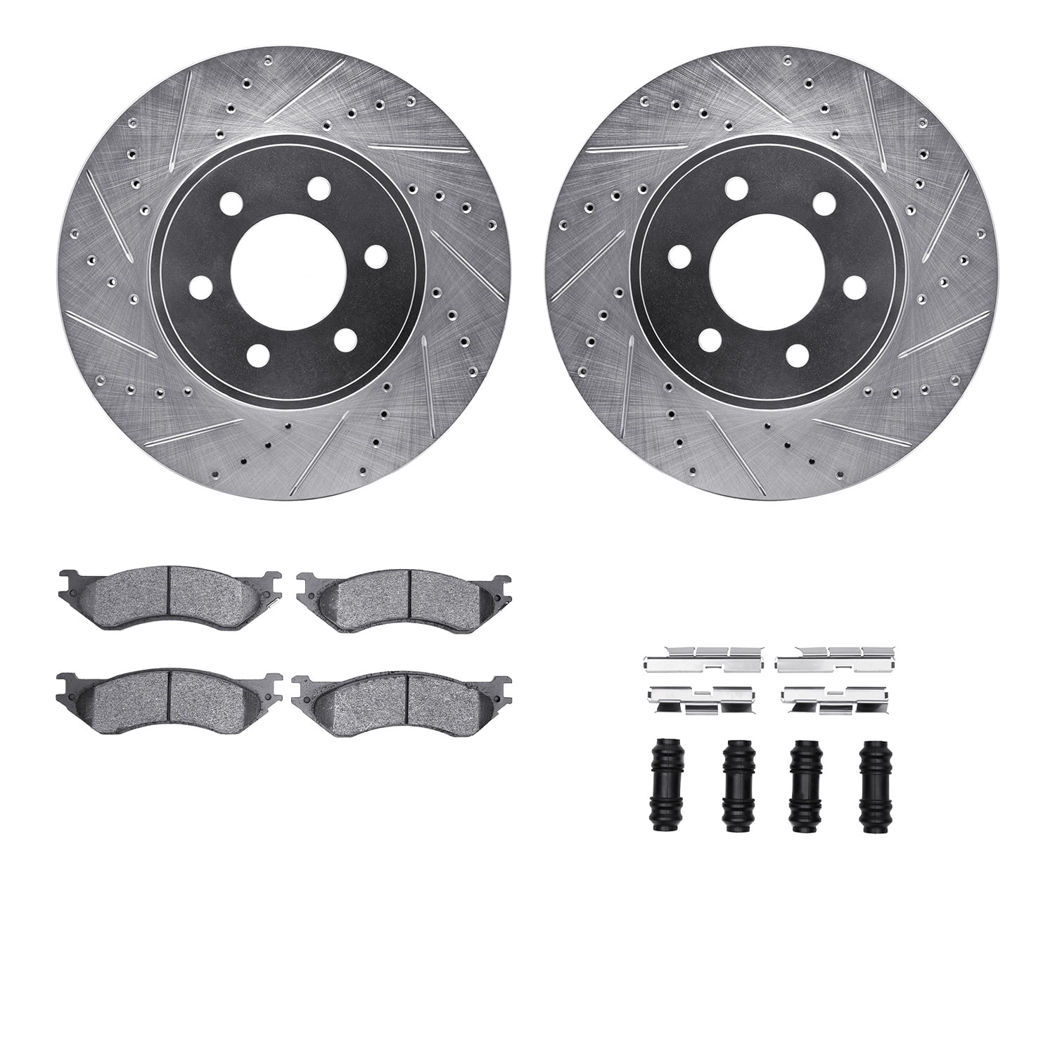 Dynamic Friction Company Front Brake Rotors-Drilled and Slotted-Silver with Ultimate Duty Performance Brake Pads includes Hardware 7412-40014