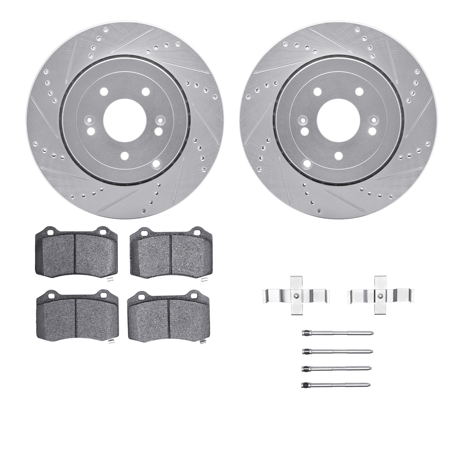 Dynamic Friction Company Front Brake Rotors Drilled and Slotted Silver with Ultimate Duty Performance Brake Pads includes Hardware - 7412-40025