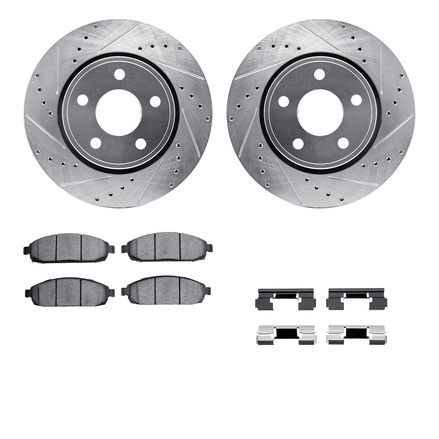 Dynamic Friction Company Front Brake Rotors-Drilled and Slotted-Silver with Ultimate Duty Performance Brake Pads includes Hardware 7412-42001