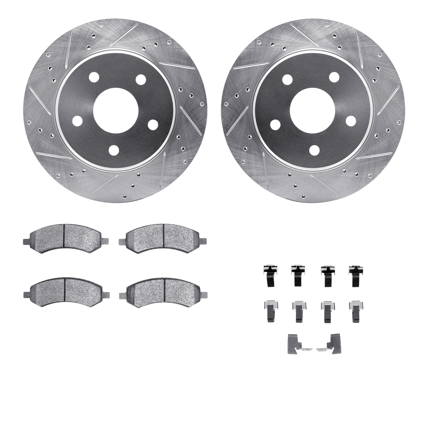 Dynamic Friction Company Front Brake Rotors-Drilled and Slotted-Silver with Ultimate Duty Performance Brake Pads includes Hardware 7412-42013