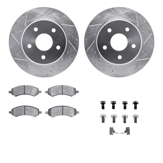 Dynamic Friction Company Front Brake Rotors-Drilled and Slotted-Silver with Ultimate Duty Performance Brake Pads includes Hardware 7412-42013