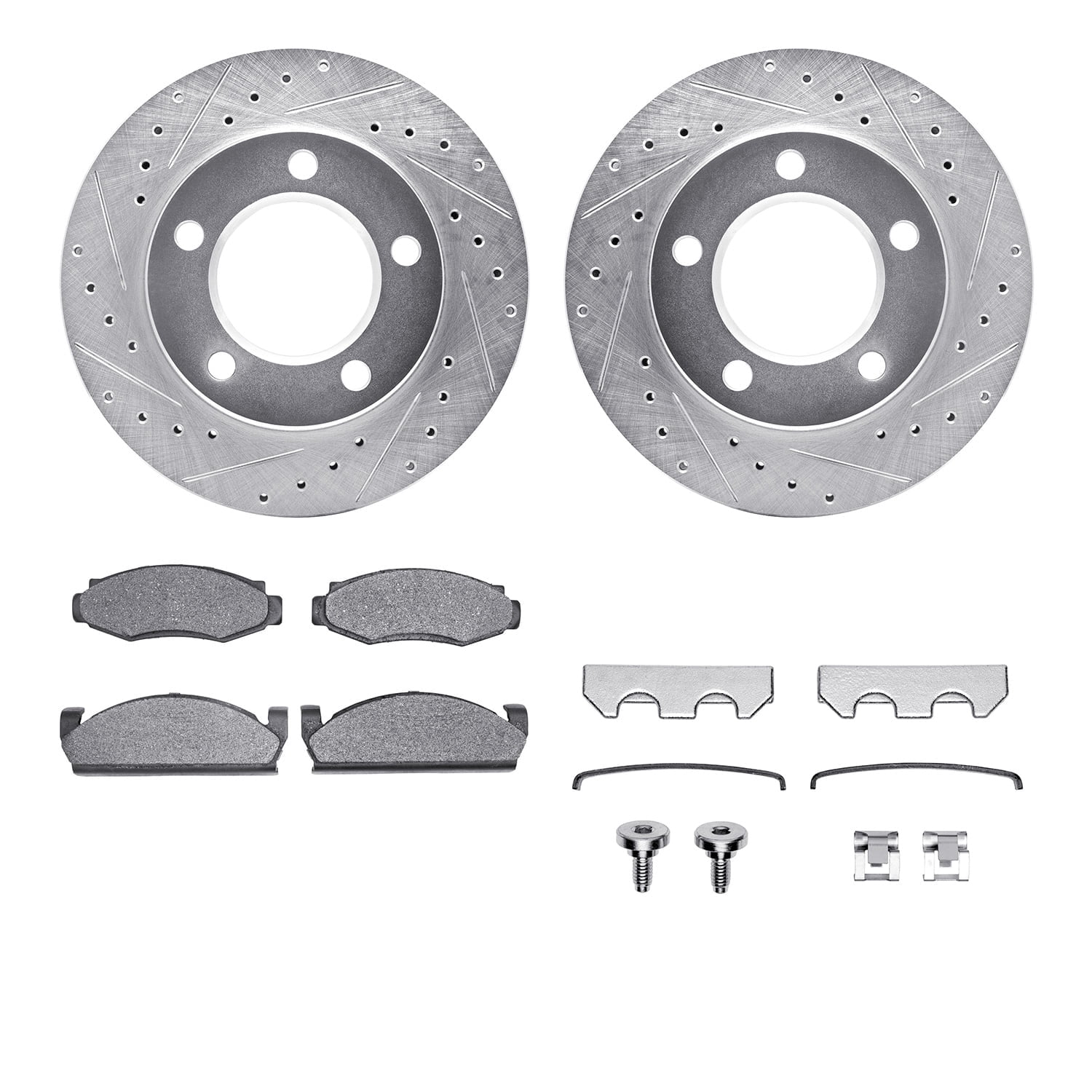 Dynamic Friction Company Front Brake Rotors-Drilled and Slotted-Silver with Ultimate Duty Performance Brake Pads includes Hardware 7412-42021