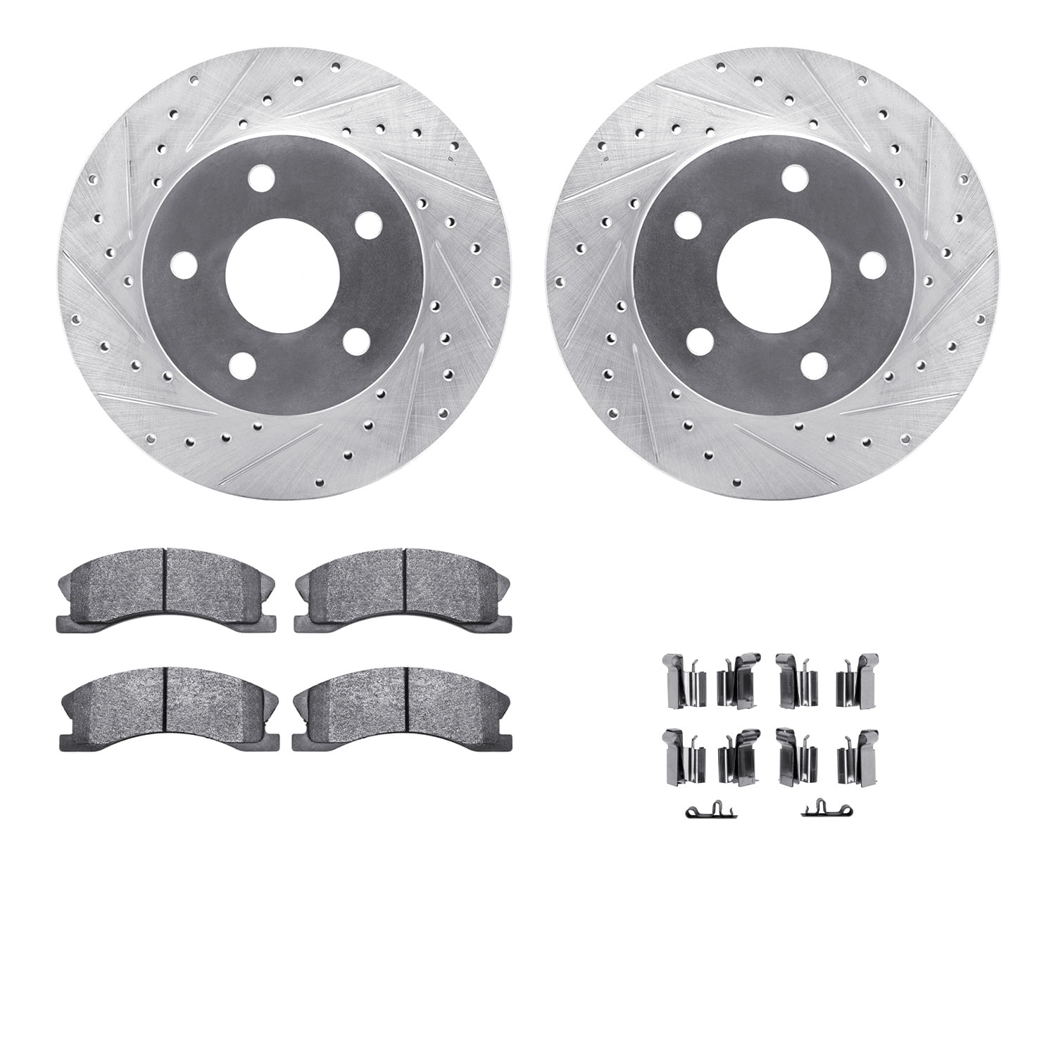 Dynamic Friction Company Front Brake Rotors-Drilled and Slotted-Silver with Ultimate Duty Performance Brake Pads includes Hardware 7412-42033