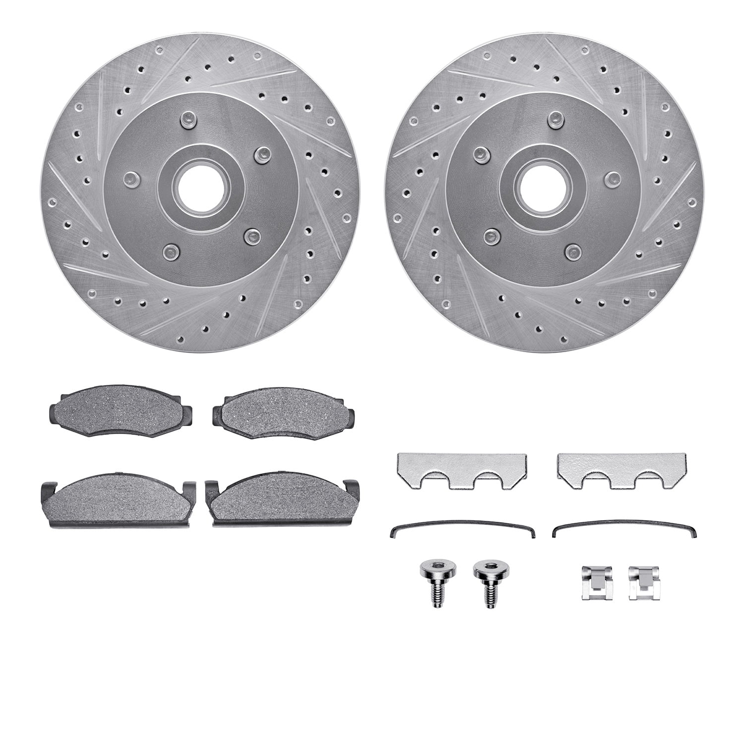 Dynamic Friction Company Front Brake Rotors-Drilled and Slotted-Silver with Ultimate Duty Performance Brake Pads includes Hardware 7412-54003