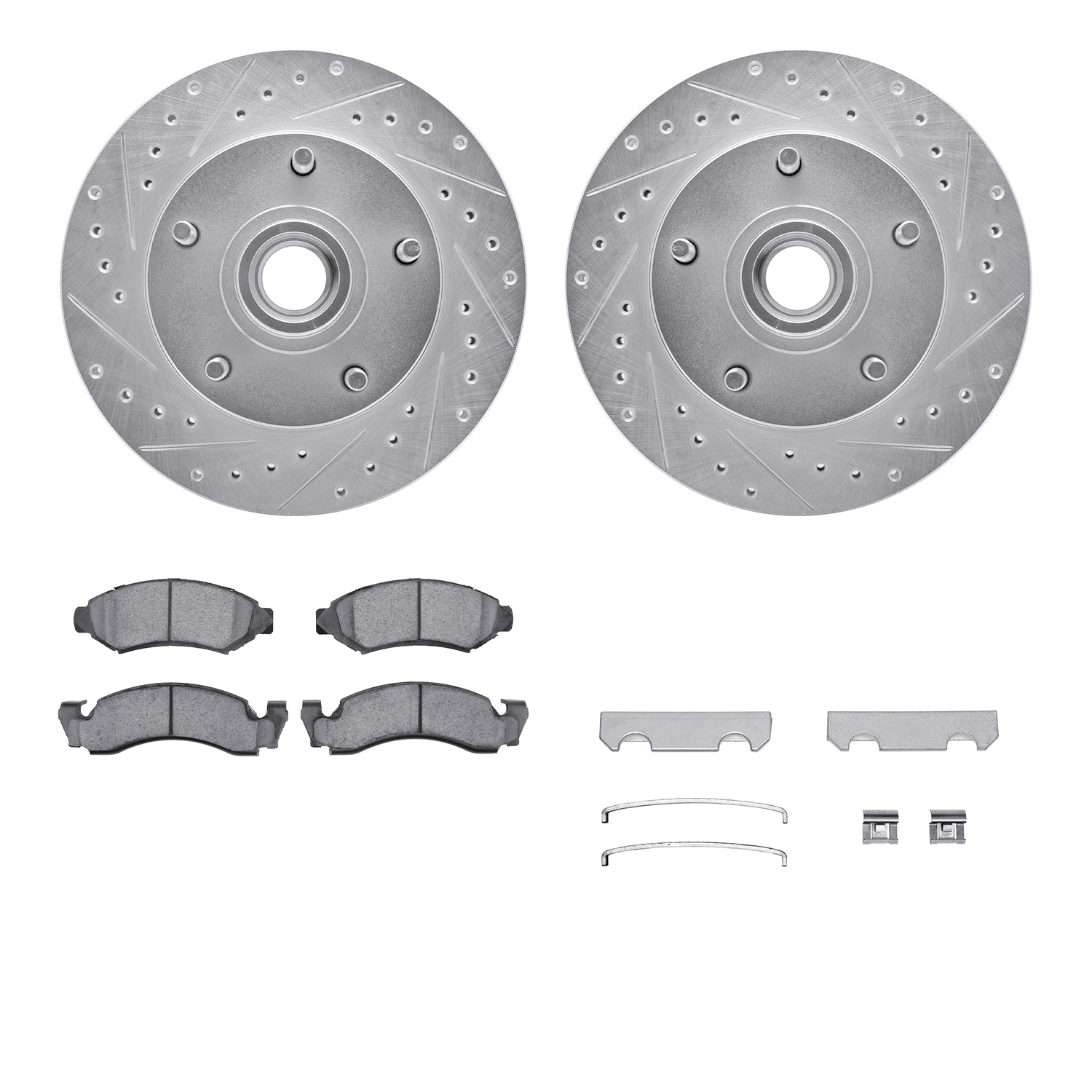 Dynamic Friction Company Front Brake Rotors-Drilled and Slotted-Silver with Ultimate Duty Performance Brake Pads includes Hardware 7412-54005