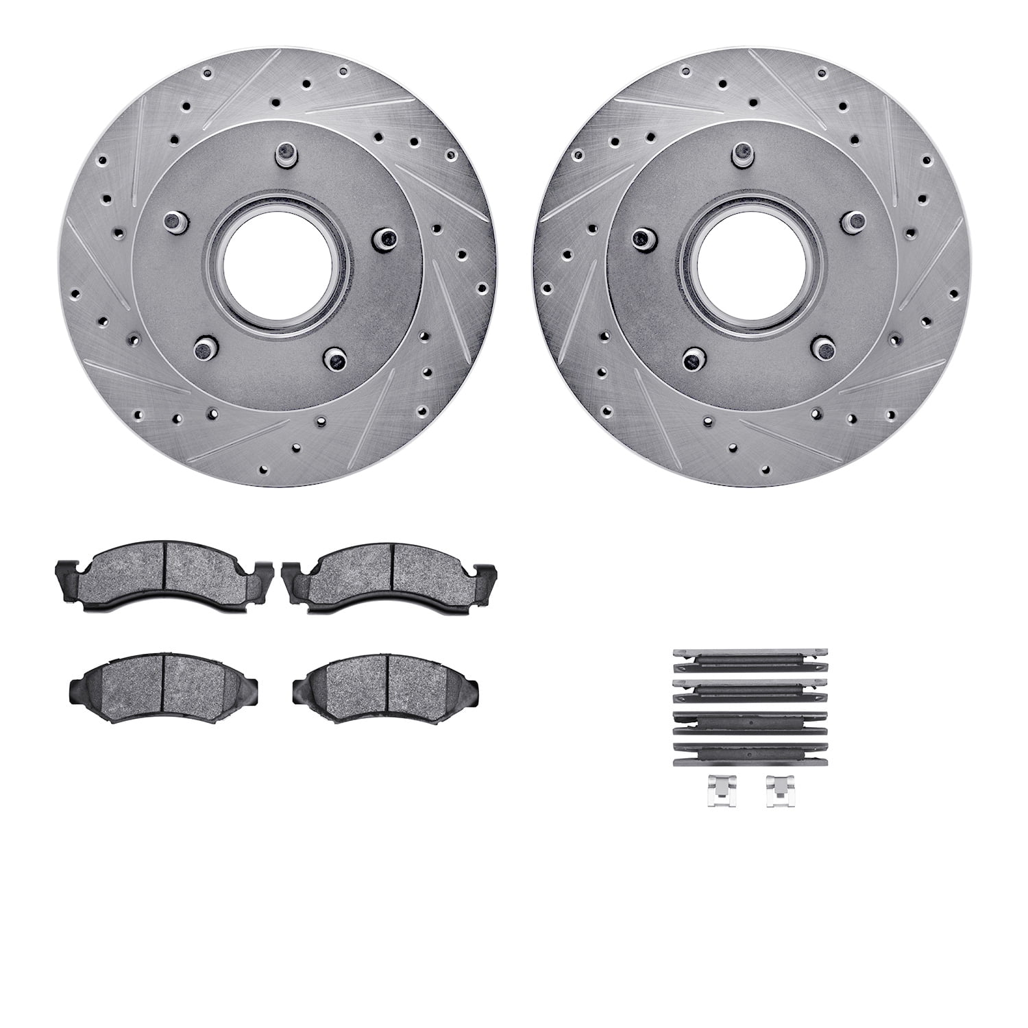 Dynamic Friction Company Front Brake Rotors-Drilled and Slotted-Silver with Ultimate Duty Performance Brake Pads includes Hardware 7412-54014