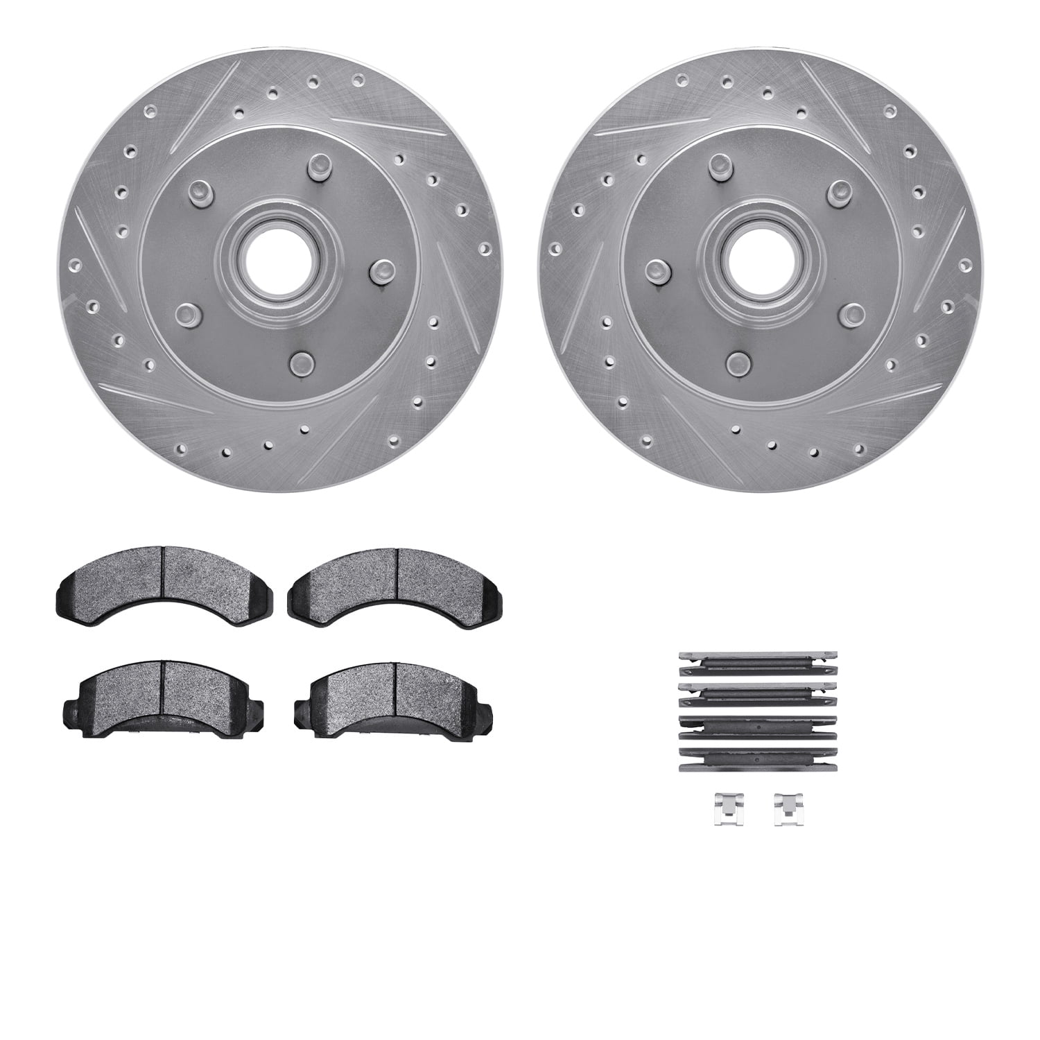 Dynamic Friction Company Front Brake Rotors-Drilled and Slotted-Silver with Ultimate Duty Performance Brake Pads includes Hardware 7412-54018