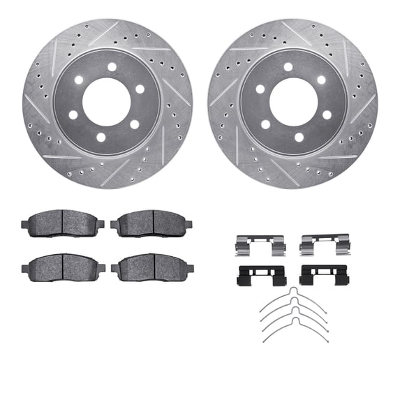 Dynamic Friction Company Front Brake Rotors-Drilled and Slotted-Silver with Ultimate Duty Performance Brake Pads includes Hardware 7412-54073