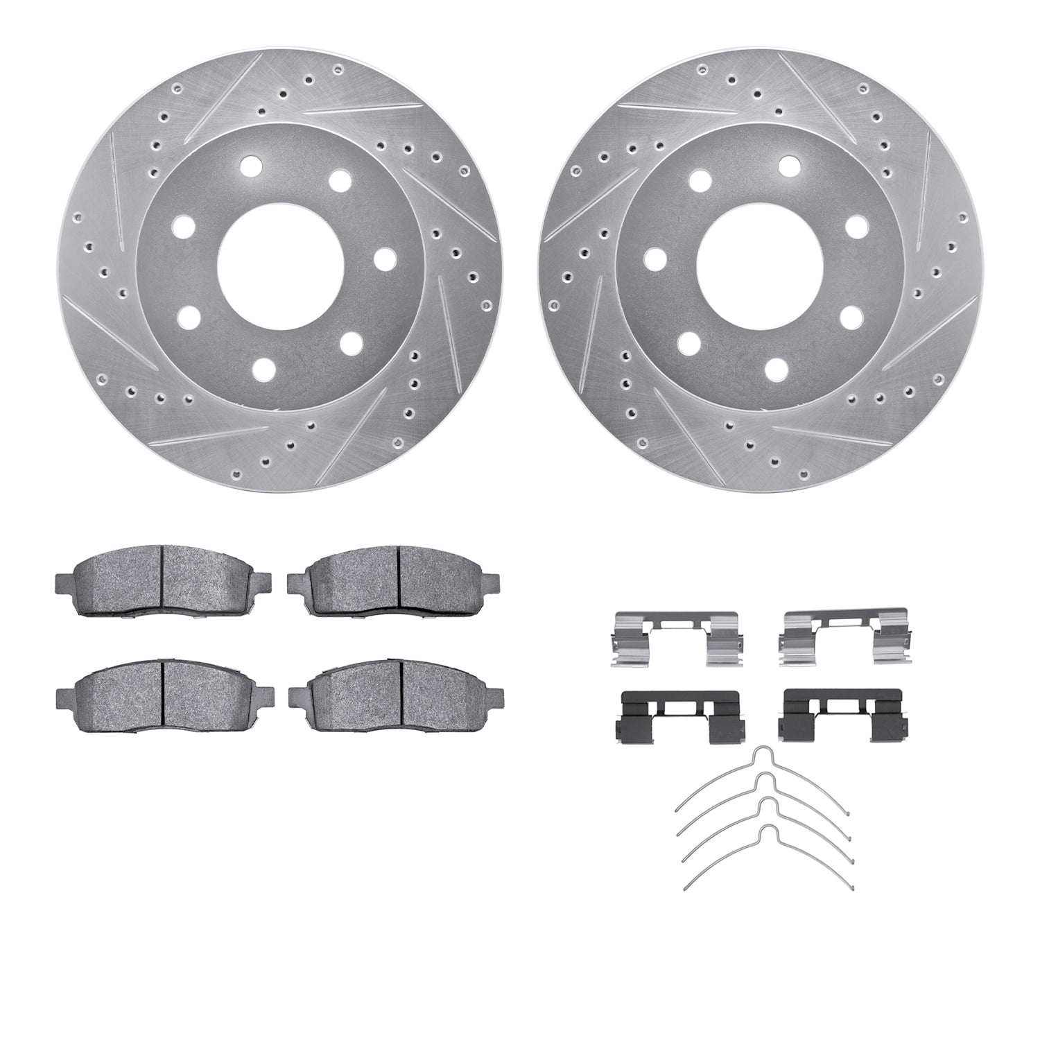 Dynamic Friction Company Front Brake Rotors-Drilled and Slotted-Silver with Ultimate Duty Performance Brake Pads includes Hardware 7412-54074